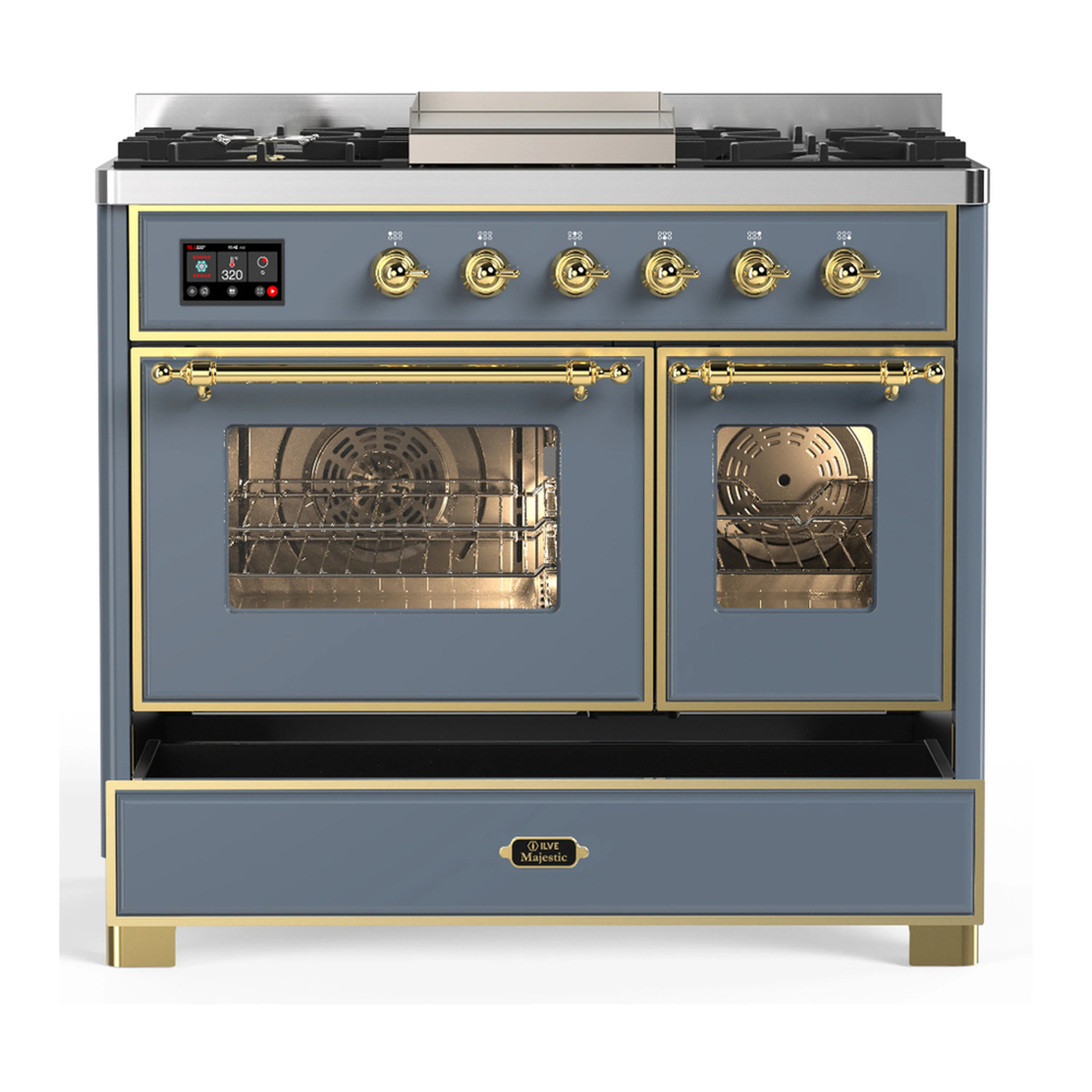ILVE Majestic III 40-inch Dual Fuel Range with 6 Natural Gas Burner, Griddle and Triple Glass Door Electric Oven in Blue Grey with Brass Trim (UMD40FNR3BGG) - Image 3