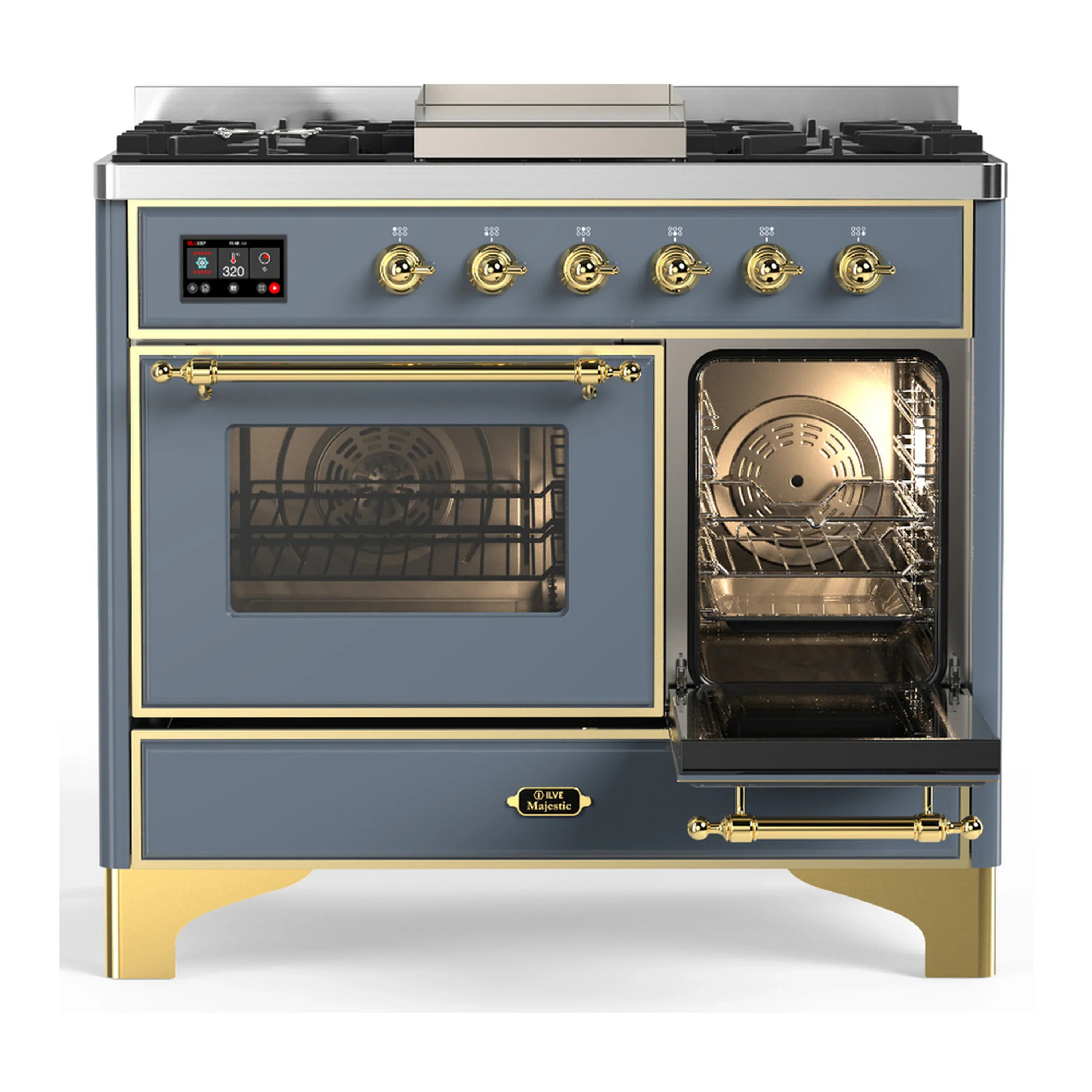ILVE Majestic III 40-inch Dual Fuel Range with 6 Natural Gas Burner, Griddle and Triple Glass Door Electric Oven in Blue Grey with Brass Trim (UMD40FNR3BGG) - Image 4