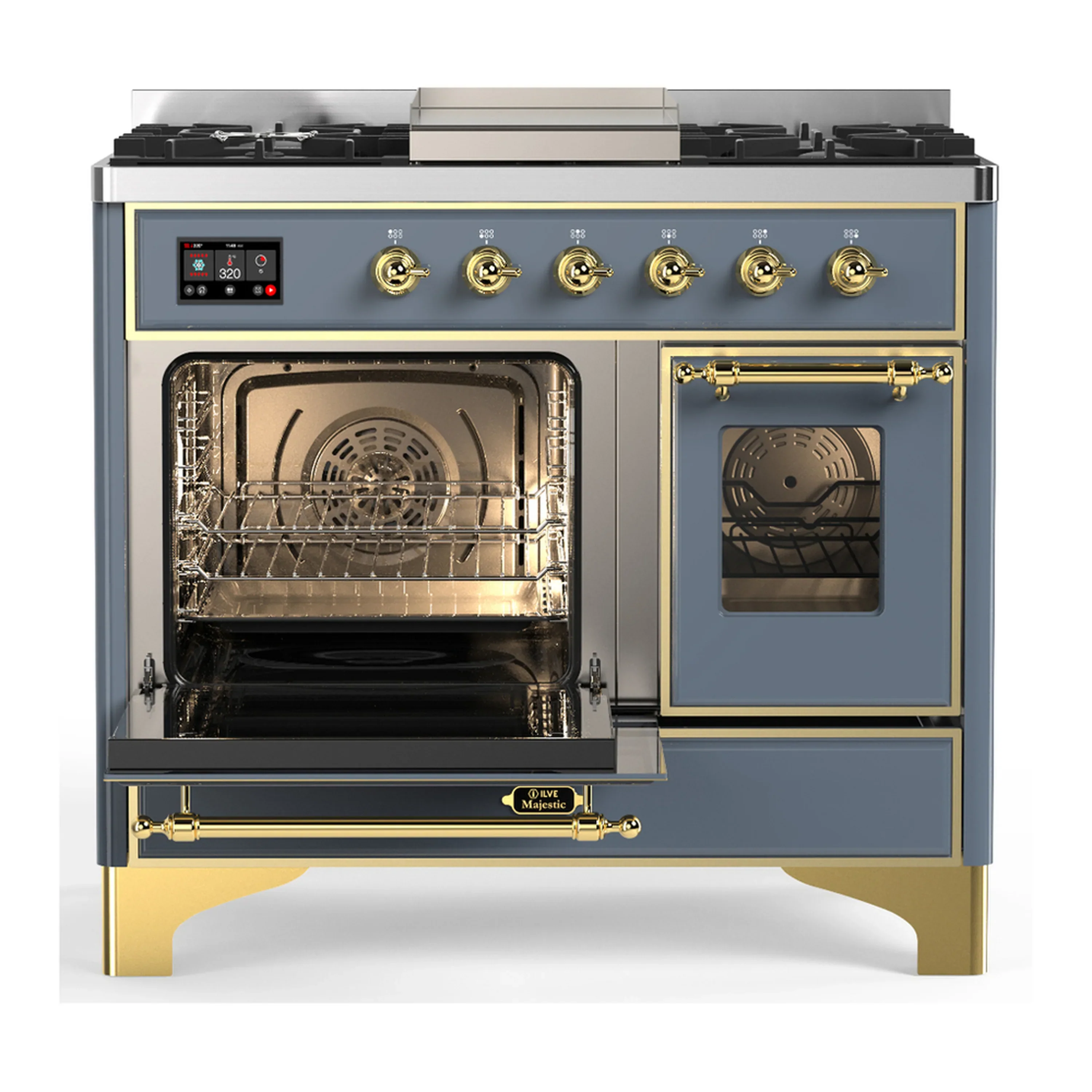 ILVE Majestic III 40-inch Dual Fuel Range with 6 Natural Gas Burner, Griddle and Triple Glass Door Electric Oven in Blue Grey with Brass Trim (UMD40FNR3BGG) - Image 5