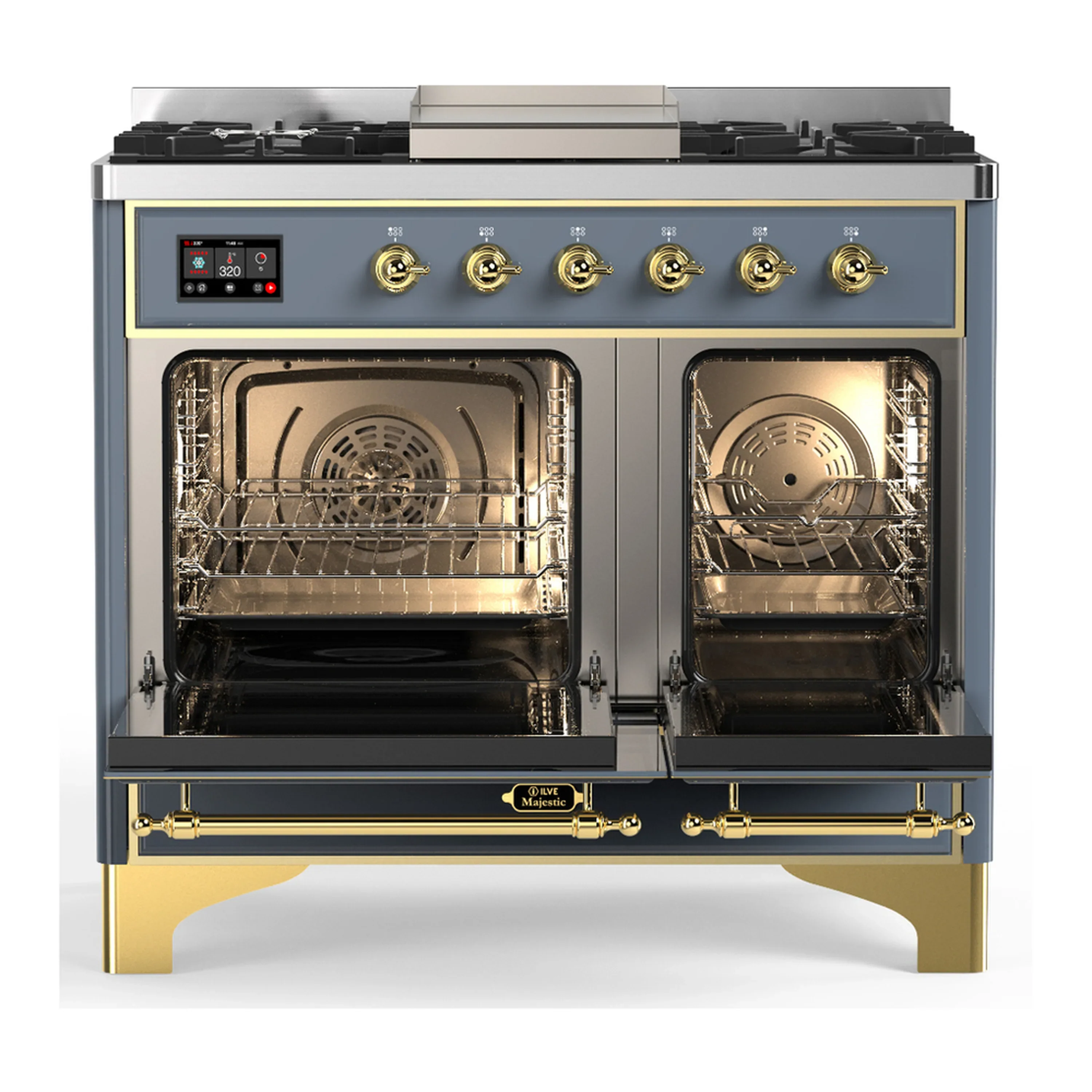 ILVE Majestic III 40-inch Dual Fuel Range with 6 Natural Gas Burner, Griddle and Triple Glass Door Electric Oven in Blue Grey with Brass Trim (UMD40FNR3BGG) - Image 6