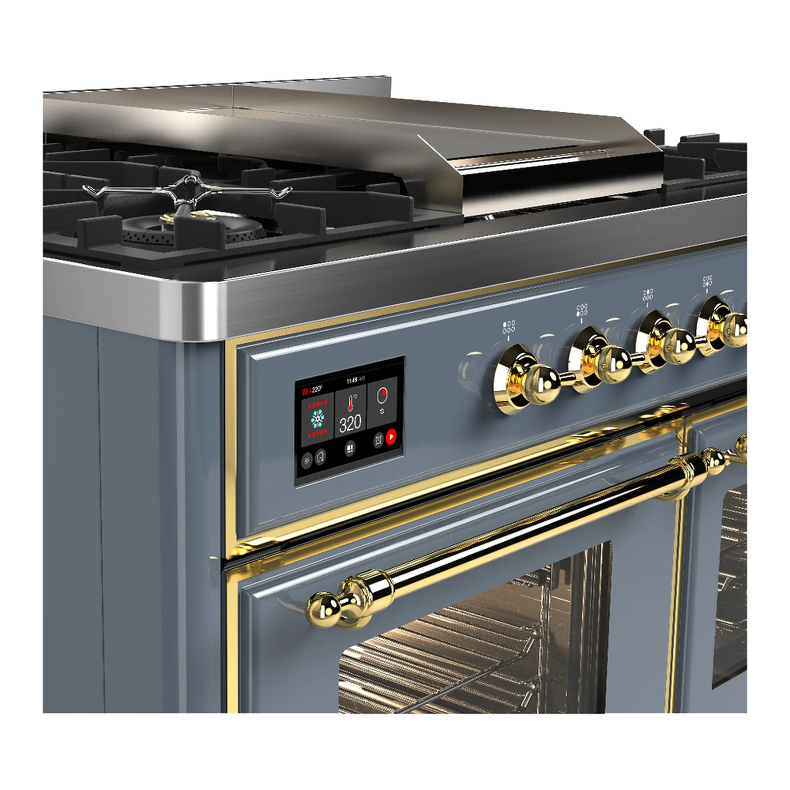 ILVE Majestic III 40-inch Dual Fuel Range with 6 Natural Gas Burner, Griddle and Triple Glass Door Electric Oven in Blue Grey with Brass Trim (UMD40FNR3BGG) - Image 7
