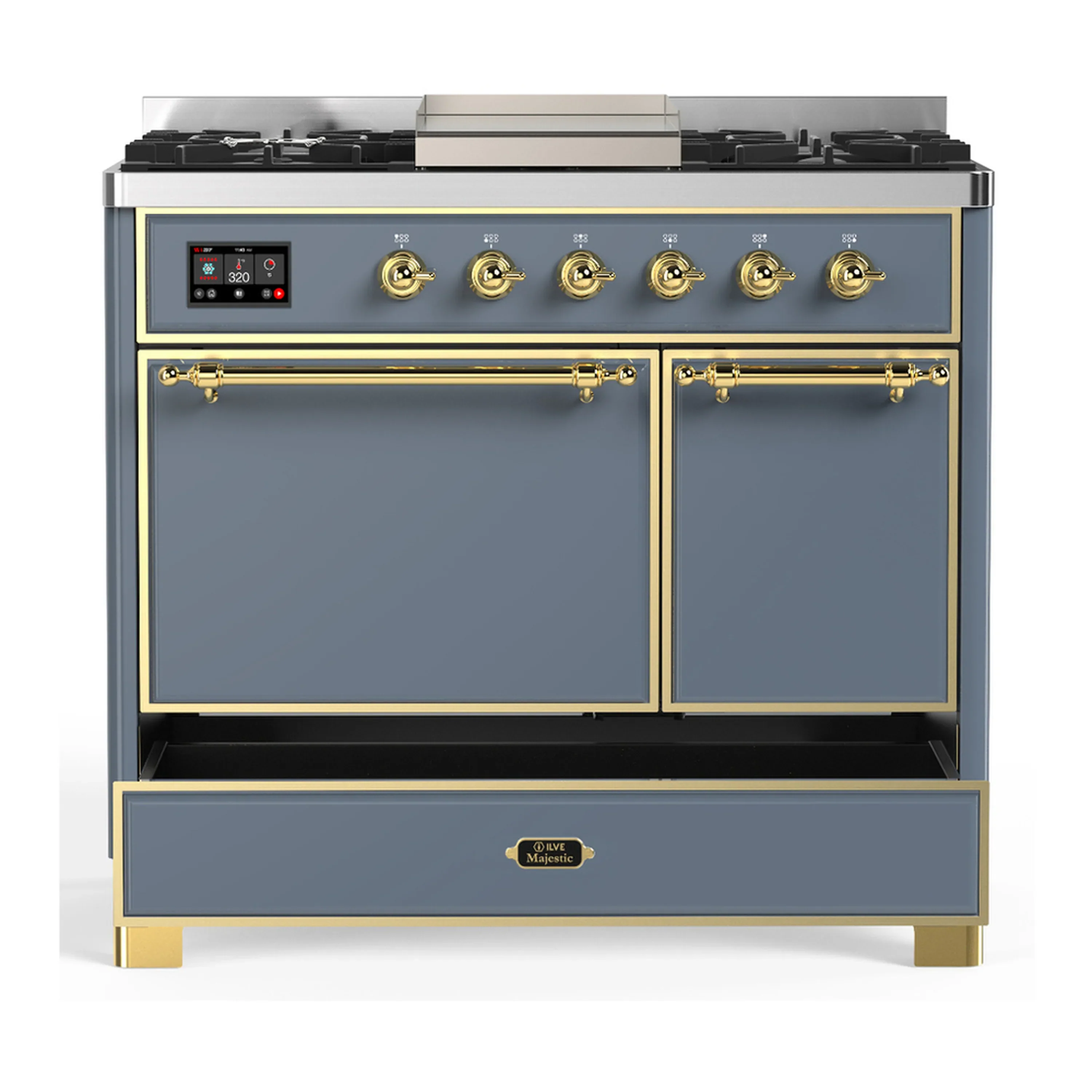 ILVE Majestic III 40-inch Dual Fuel Range with 6 Natural Gas Burner, Griddle and Solid Door Electric Oven in Blue Grey with Brass Trim (UMD40FQNR3BGG) - Image 3