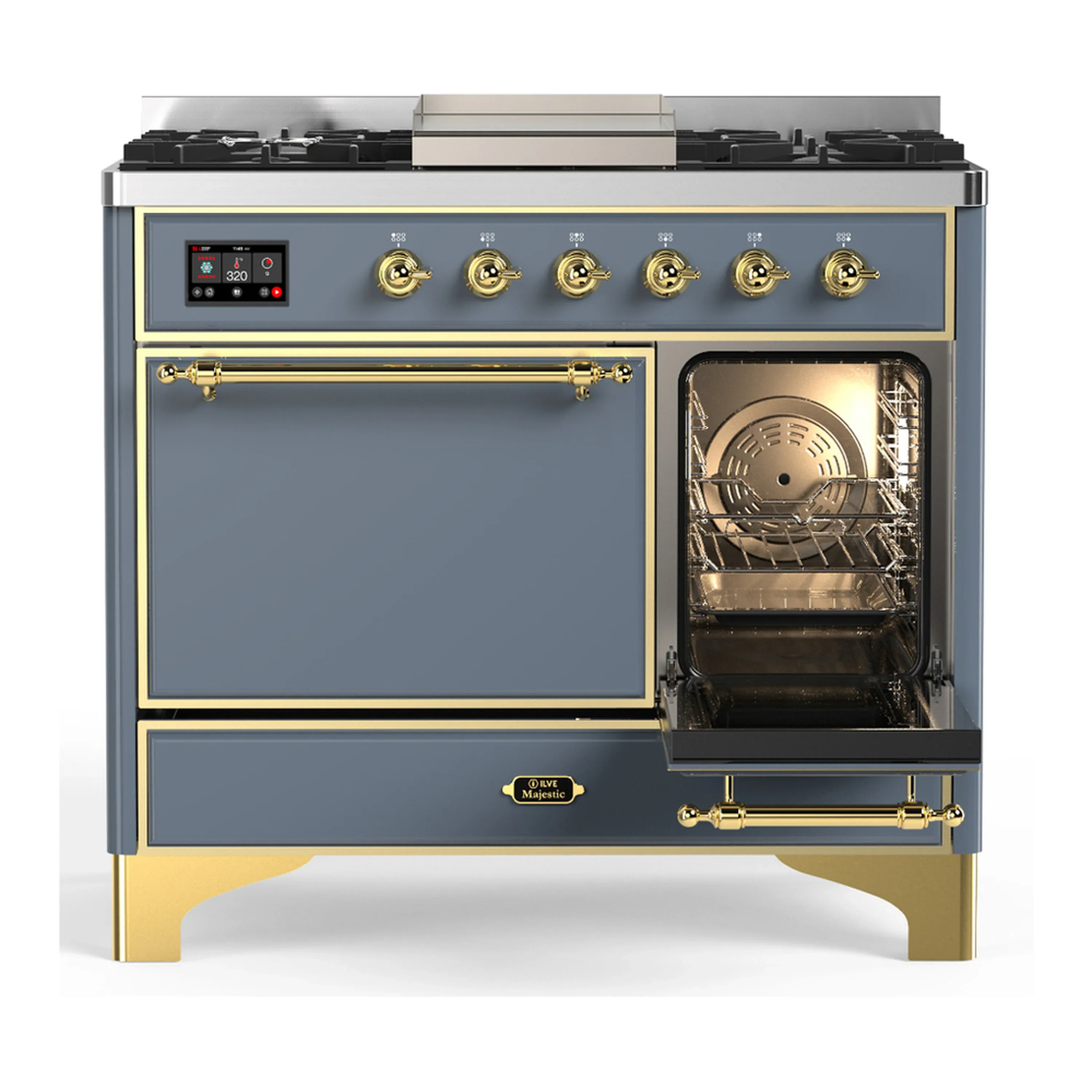 ILVE Majestic III 40-inch Dual Fuel Range with 6 Natural Gas Burner, Griddle and Solid Door Electric Oven in Blue Grey with Brass Trim (UMD40FQNR3BGG) - Image 4