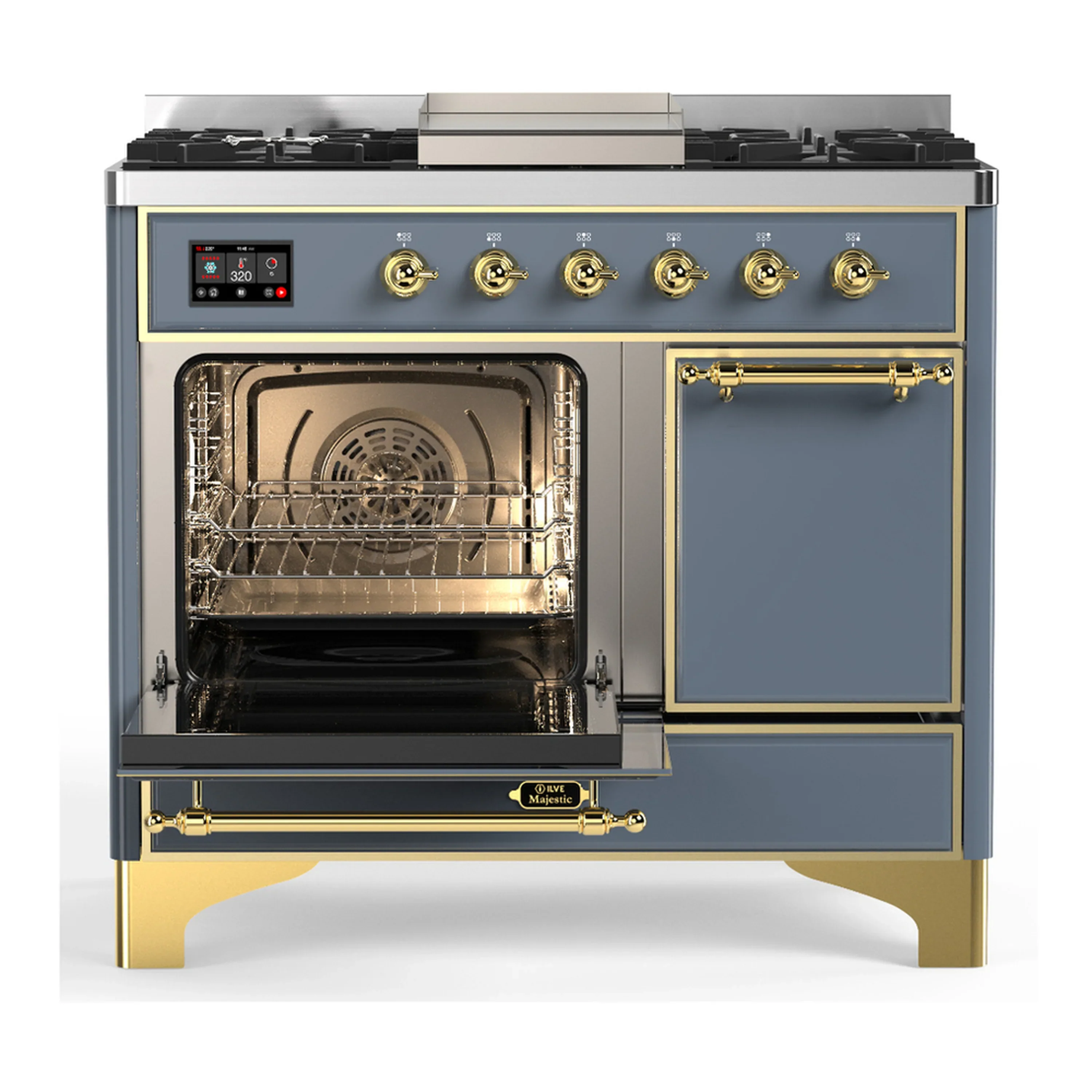 ILVE Majestic III 40-inch Dual Fuel Range with 6 Natural Gas Burner, Griddle and Solid Door Electric Oven in Blue Grey with Brass Trim (UMD40FQNR3BGG) - Image 5