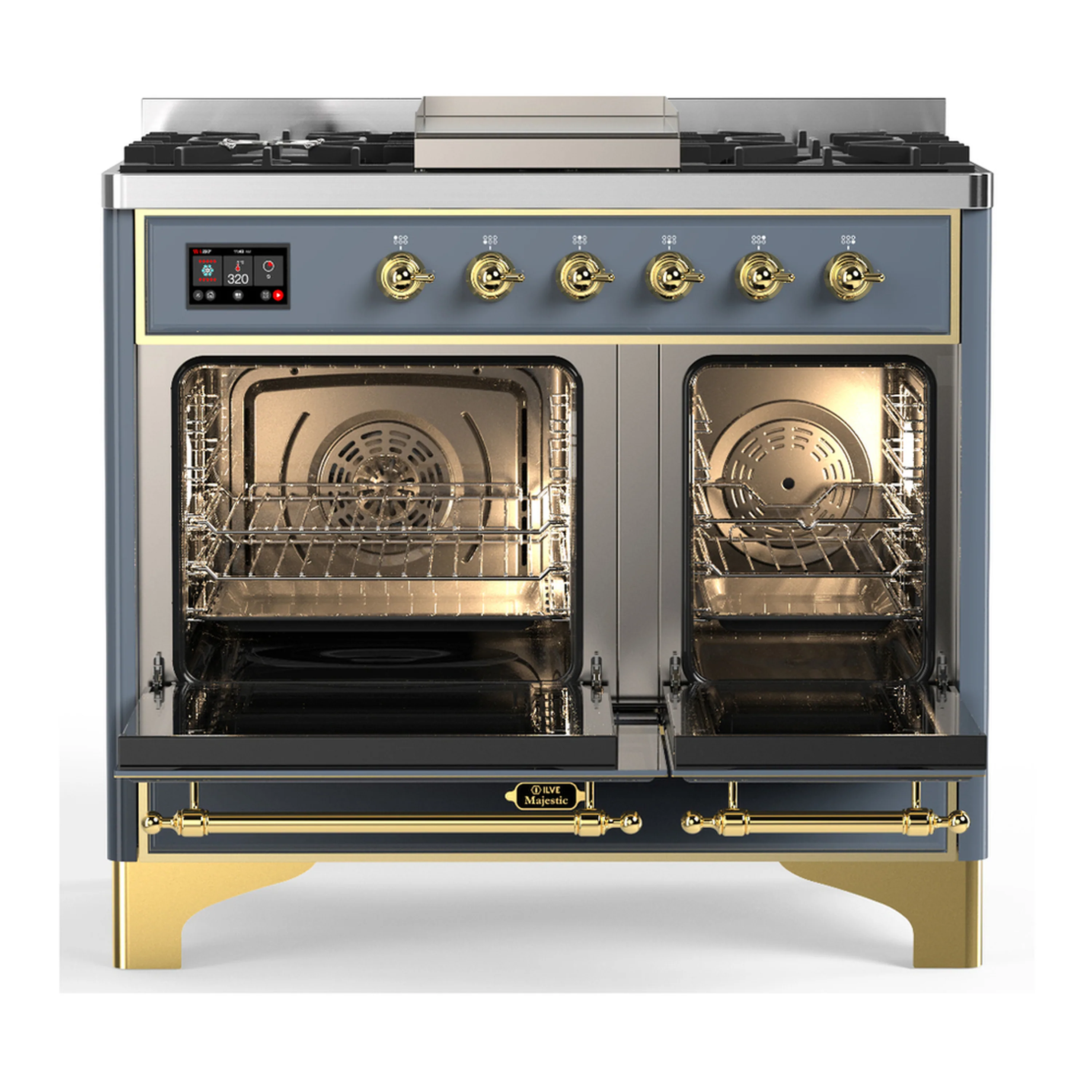 ILVE Majestic III 40-inch Dual Fuel Range with 6 Natural Gas Burner, Griddle and Solid Door Electric Oven in Blue Grey with Brass Trim (UMD40FQNR3BGG) - Image 6