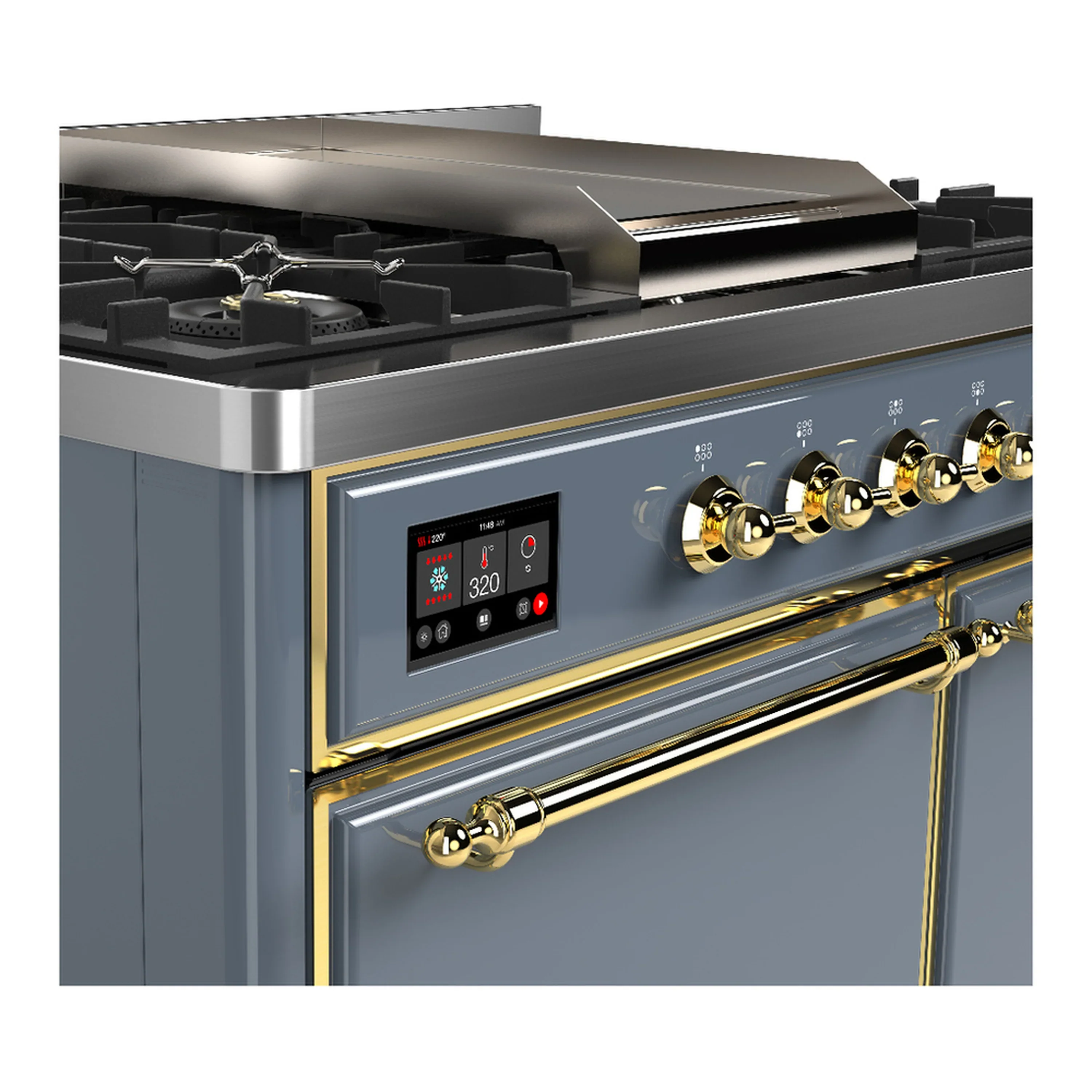 ILVE Majestic III 40-inch Dual Fuel Range with 6 Natural Gas Burner, Griddle and Solid Door Electric Oven in Blue Grey with Brass Trim (UMD40FQNR3BGG) - Image 7