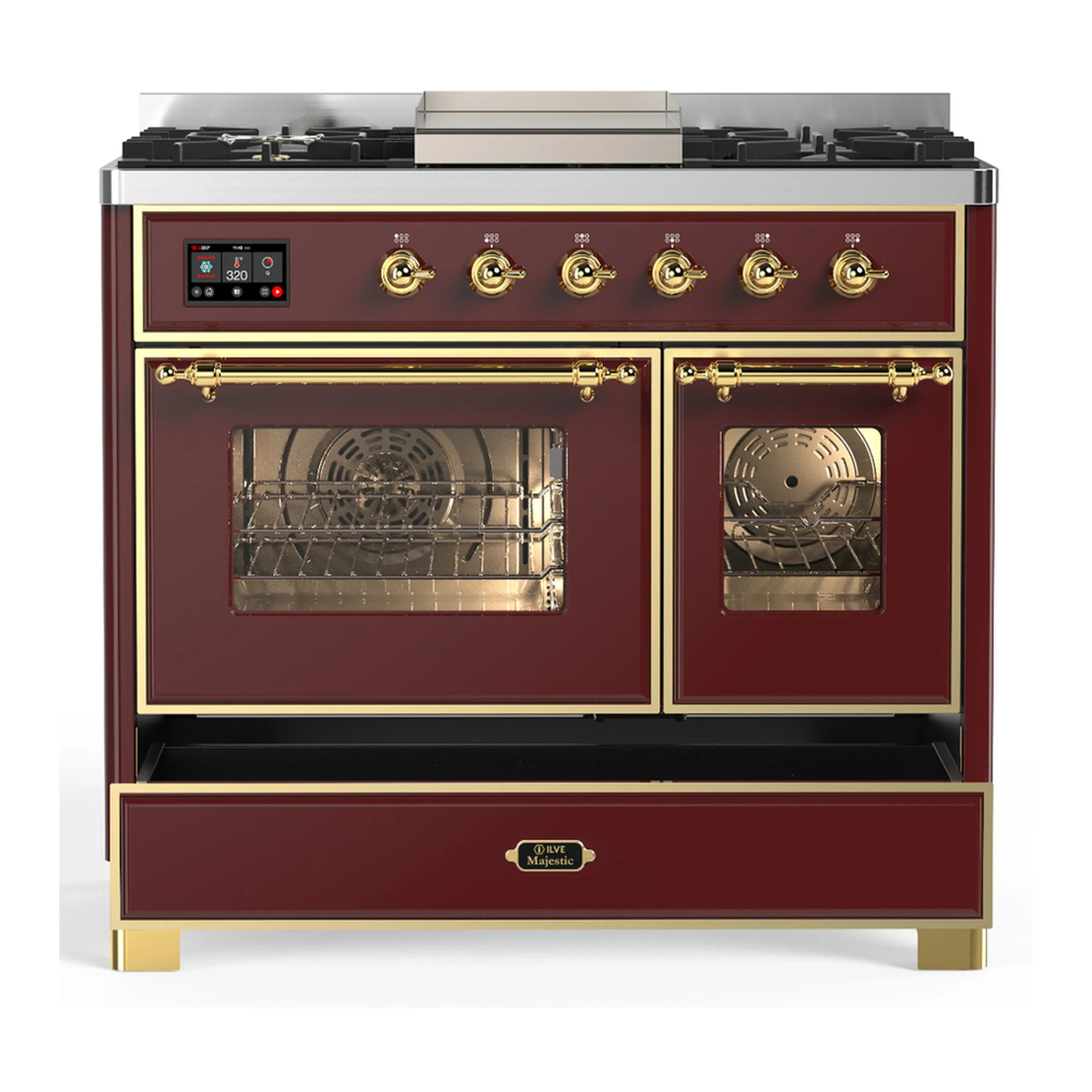 ILVE Majestic III 40-inch Dual Fuel Range with 6 Natural Gas Burner, Griddle and Triple Glass Door Electric Oven in Burgundy with Brass Trim (UMD40FNR3BUG) - Image 3