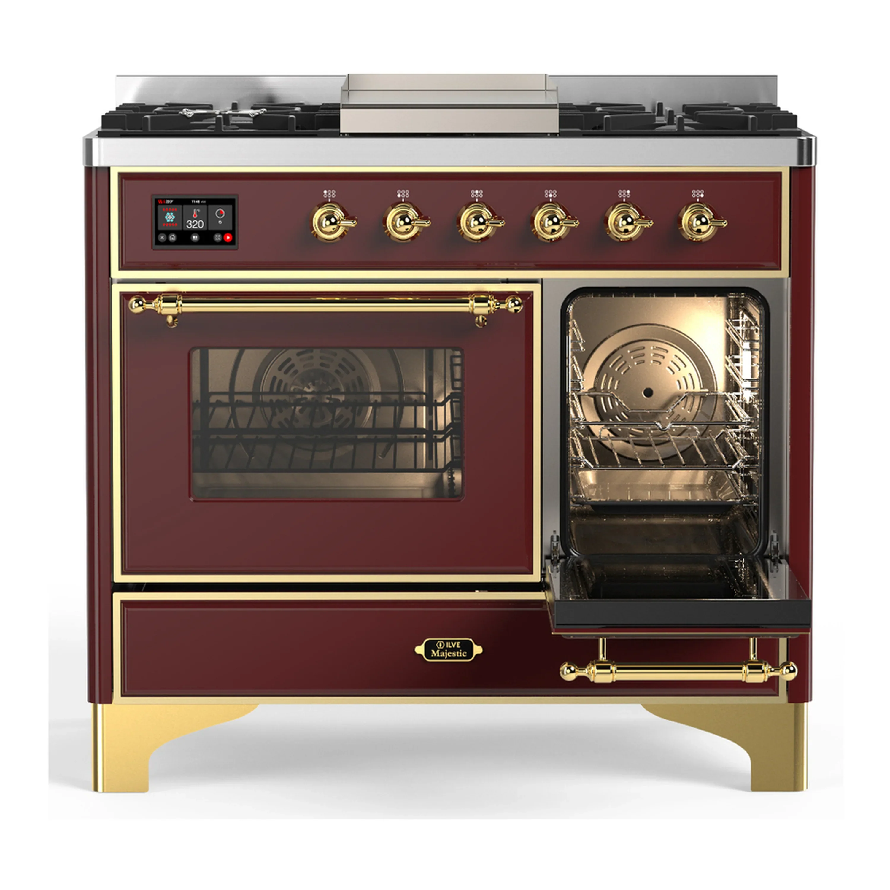 ILVE Majestic III 40-inch Dual Fuel Range with 6 Natural Gas Burner, Griddle and Triple Glass Door Electric Oven in Burgundy with Brass Trim (UMD40FNR3BUG) - Image 4