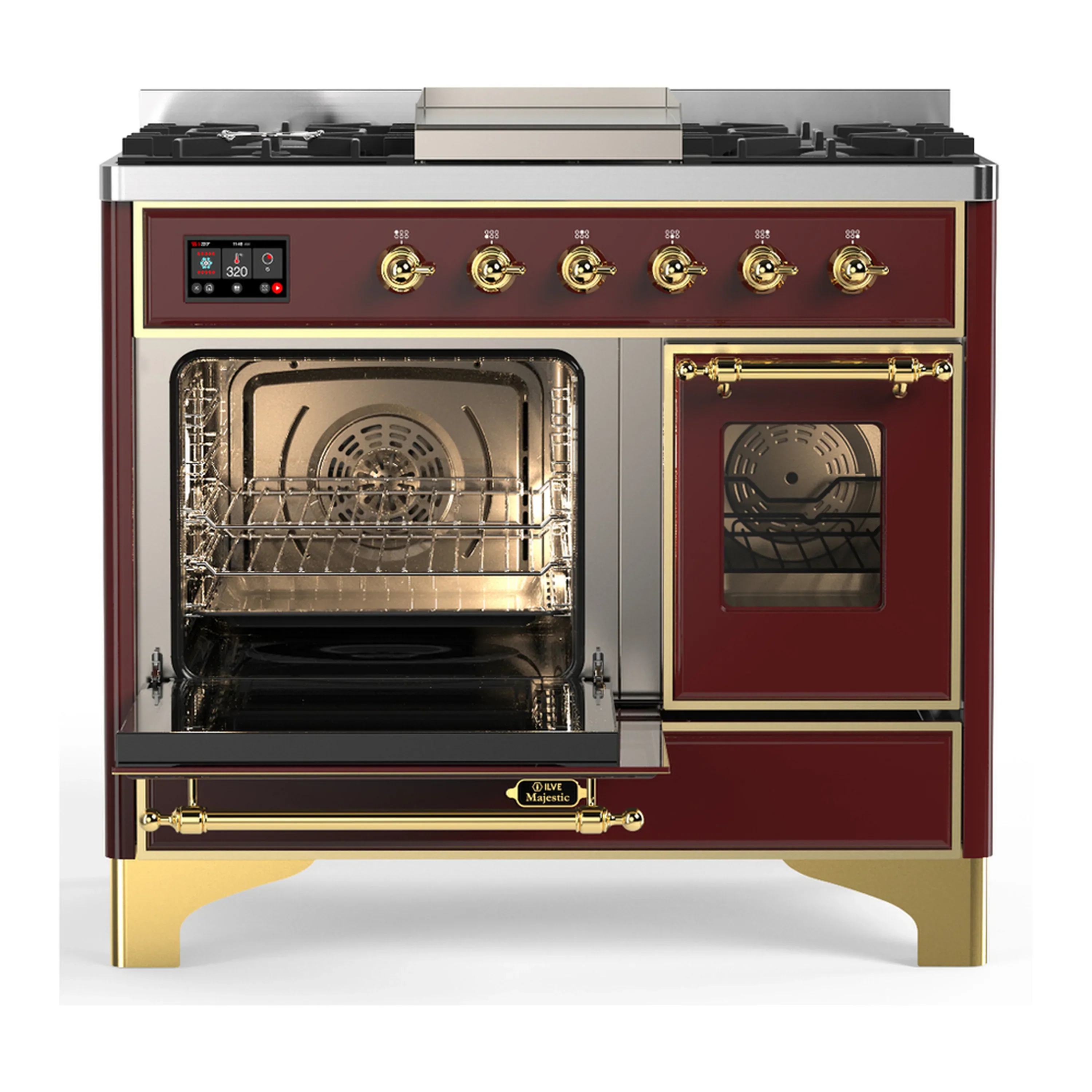 ILVE Majestic III 40-inch Dual Fuel Range with 6 Natural Gas Burner, Griddle and Triple Glass Door Electric Oven in Burgundy with Brass Trim (UMD40FNR3BUG) - Image 5
