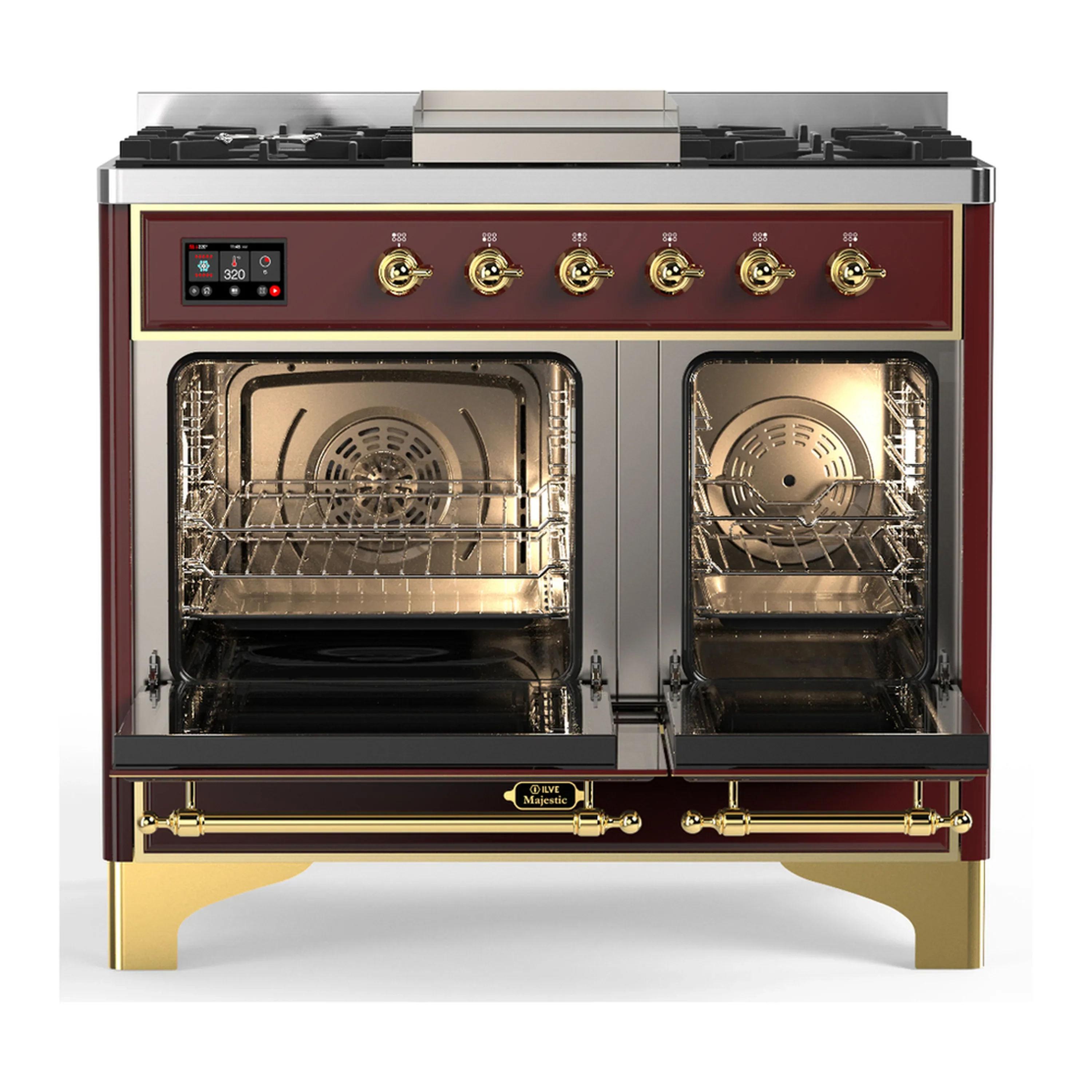 ILVE Majestic III 40-inch Dual Fuel Range with 6 Natural Gas Burner, Griddle and Triple Glass Door Electric Oven in Burgundy with Brass Trim (UMD40FNR3BUG) - Image 6