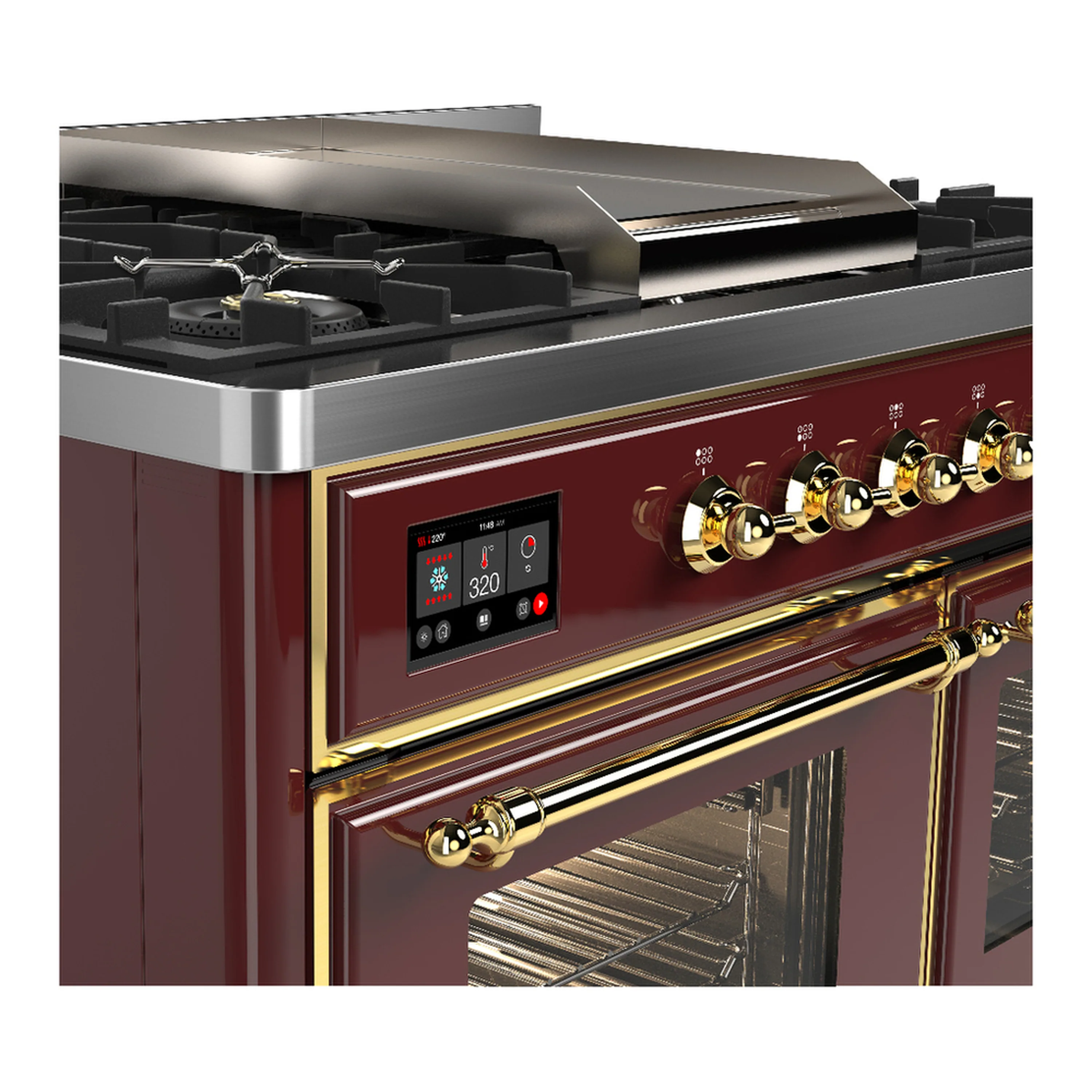 ILVE Majestic III 40-inch Dual Fuel Range with 6 Natural Gas Burner, Griddle and Triple Glass Door Electric Oven in Burgundy with Brass Trim (UMD40FNR3BUG) - Image 7