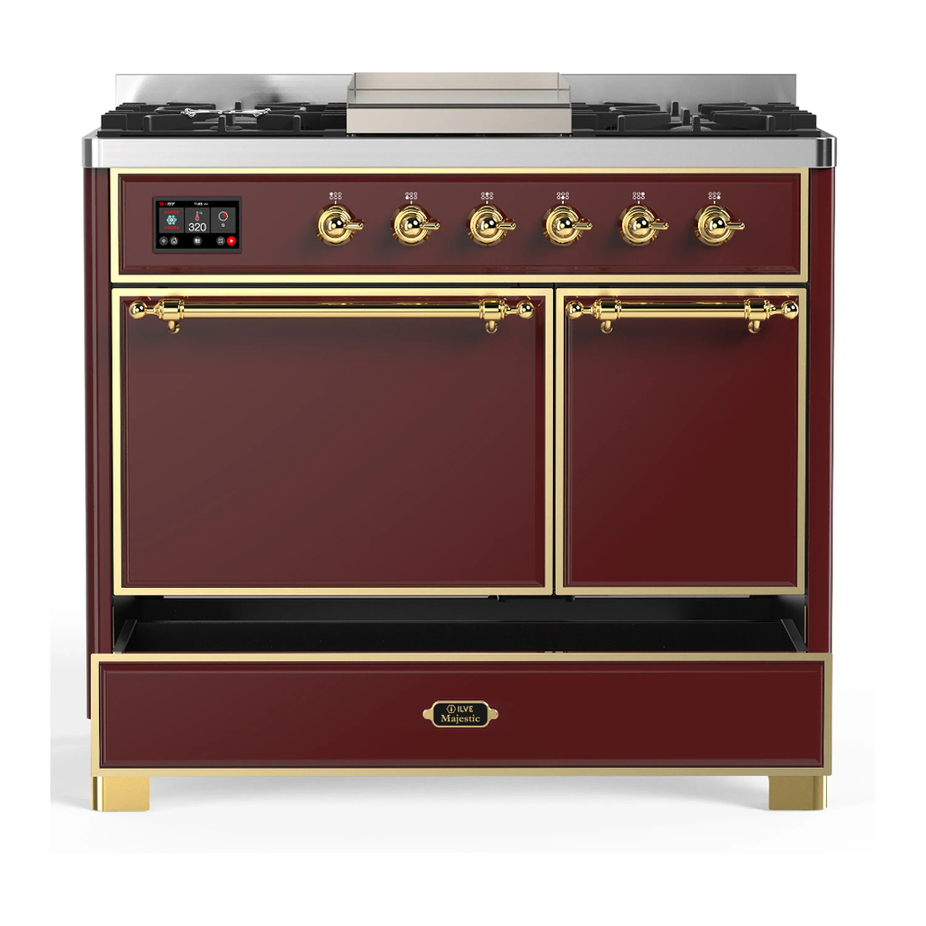 ILVE Majestic III 40-inch Dual Fuel Range with 6 Natural Gas Burner, Griddle and Solid Door Electric Oven in Burgundy with Brass Trim (UMD40FQNR3BUG) - Image 3