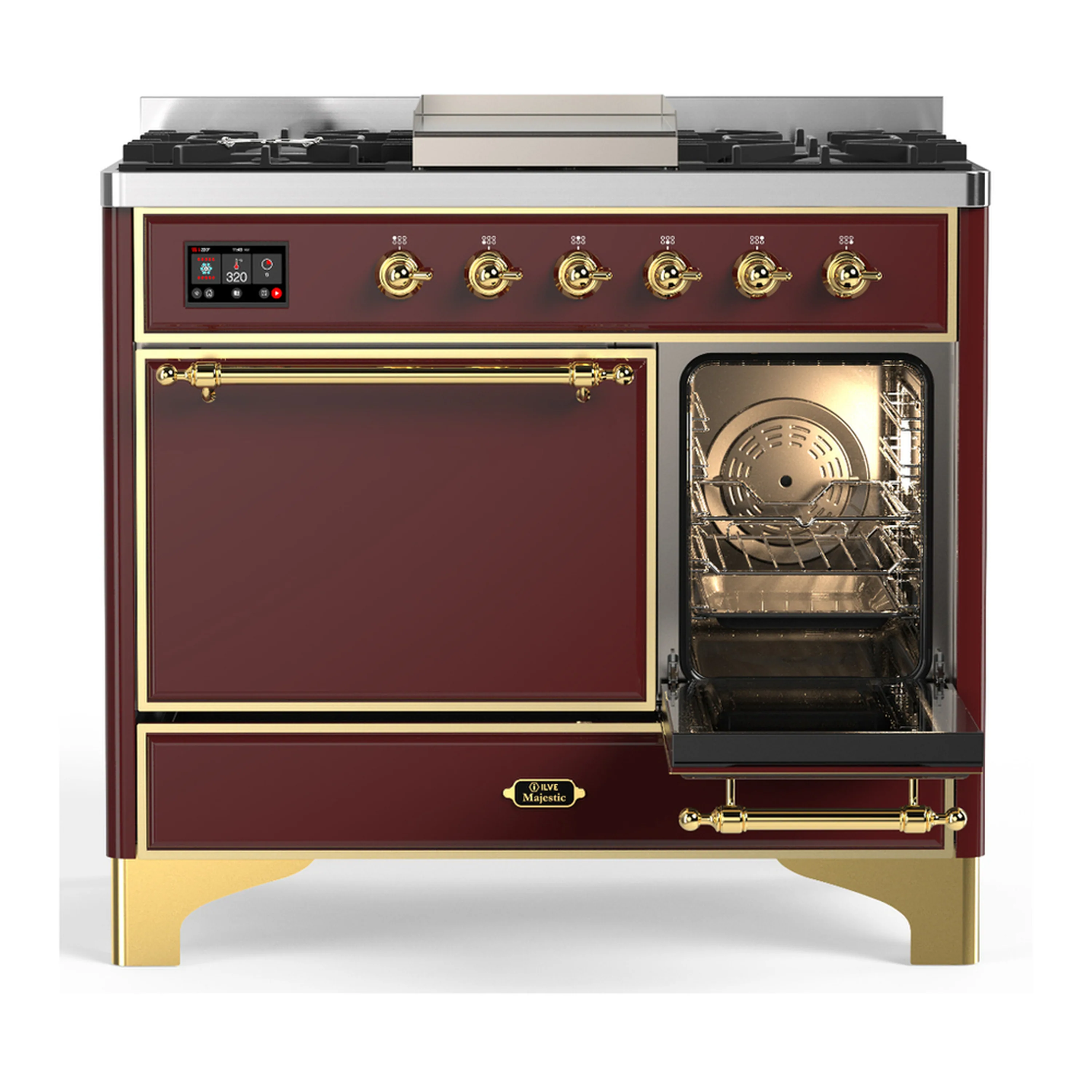 ILVE Majestic III 40-inch Dual Fuel Range with 6 Natural Gas Burner, Griddle and Solid Door Electric Oven in Burgundy with Brass Trim (UMD40FQNR3BUG) - Image 4
