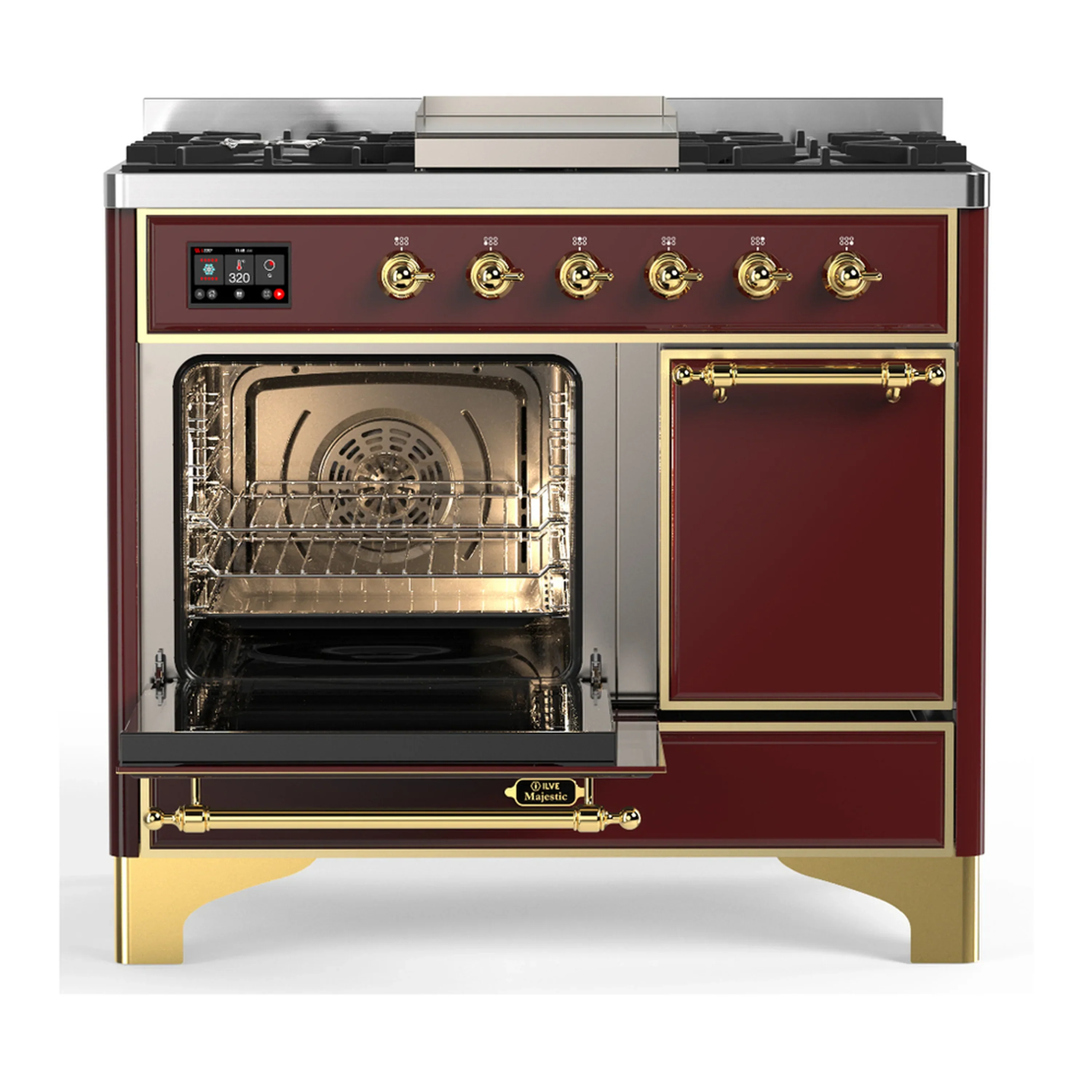 ILVE Majestic III 40-inch Dual Fuel Range with 6 Natural Gas Burner, Griddle and Solid Door Electric Oven in Burgundy with Brass Trim (UMD40FQNR3BUG) - Image 5