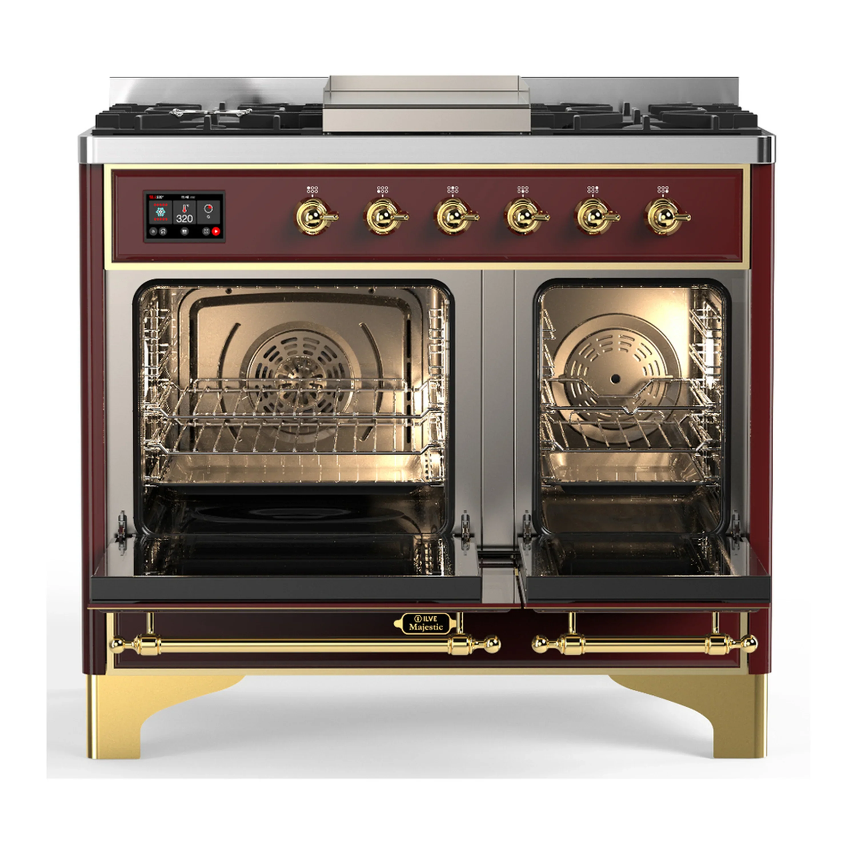 ILVE Majestic III 40-inch Dual Fuel Range with 6 Natural Gas Burner, Griddle and Solid Door Electric Oven in Burgundy with Brass Trim (UMD40FQNR3BUG) - Image 6