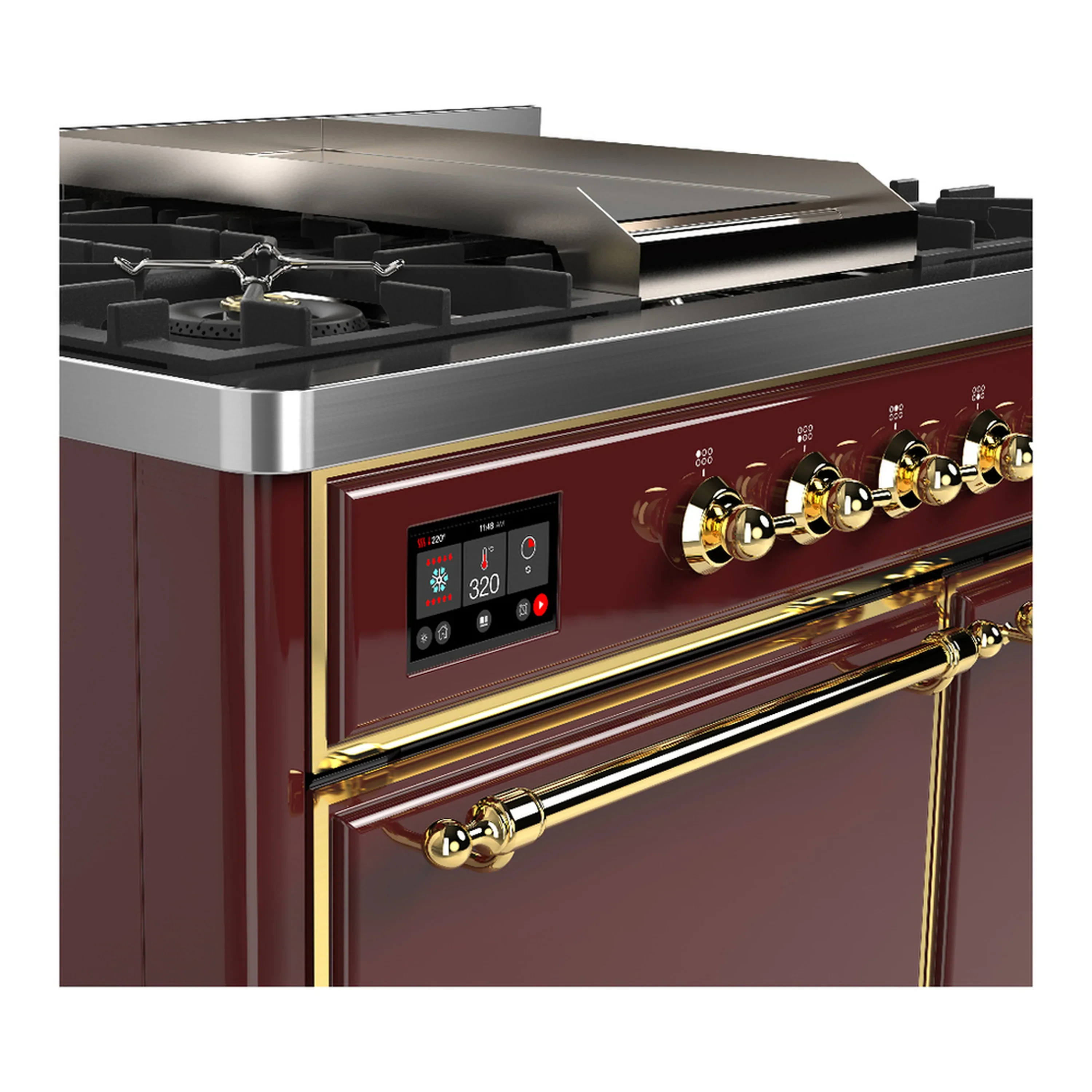 ILVE Majestic III 40-inch Dual Fuel Range with 6 Natural Gas Burner, Griddle and Solid Door Electric Oven in Burgundy with Brass Trim (UMD40FQNR3BUG) - Image 7