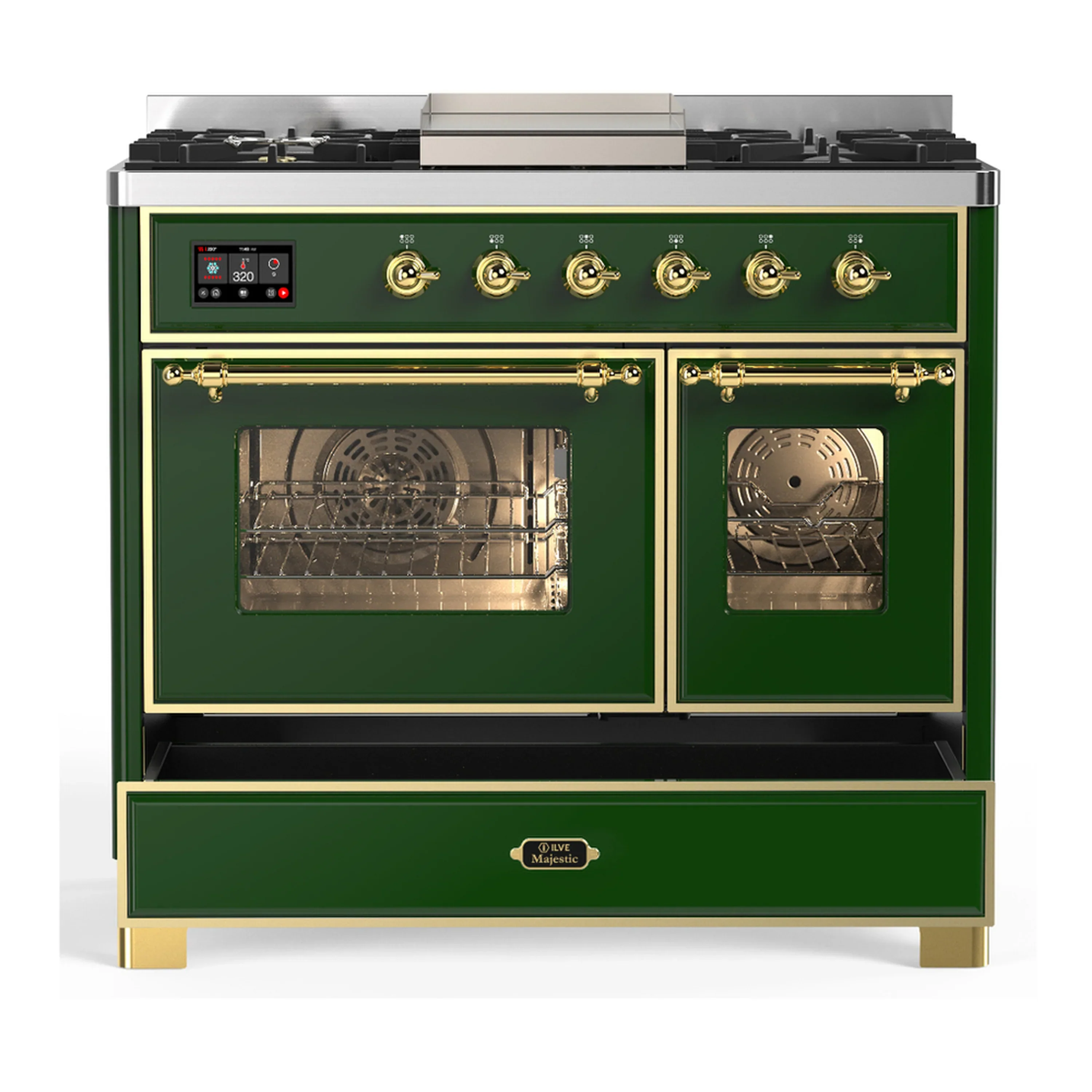 ILVE Majestic III 40-inch Dual Fuel Range with 6 Natural Gas Burner, Griddle and Triple Glass Door Electric Oven in Emerald Green with Brass Trim (UMD40FNR3EGG) - Image 3