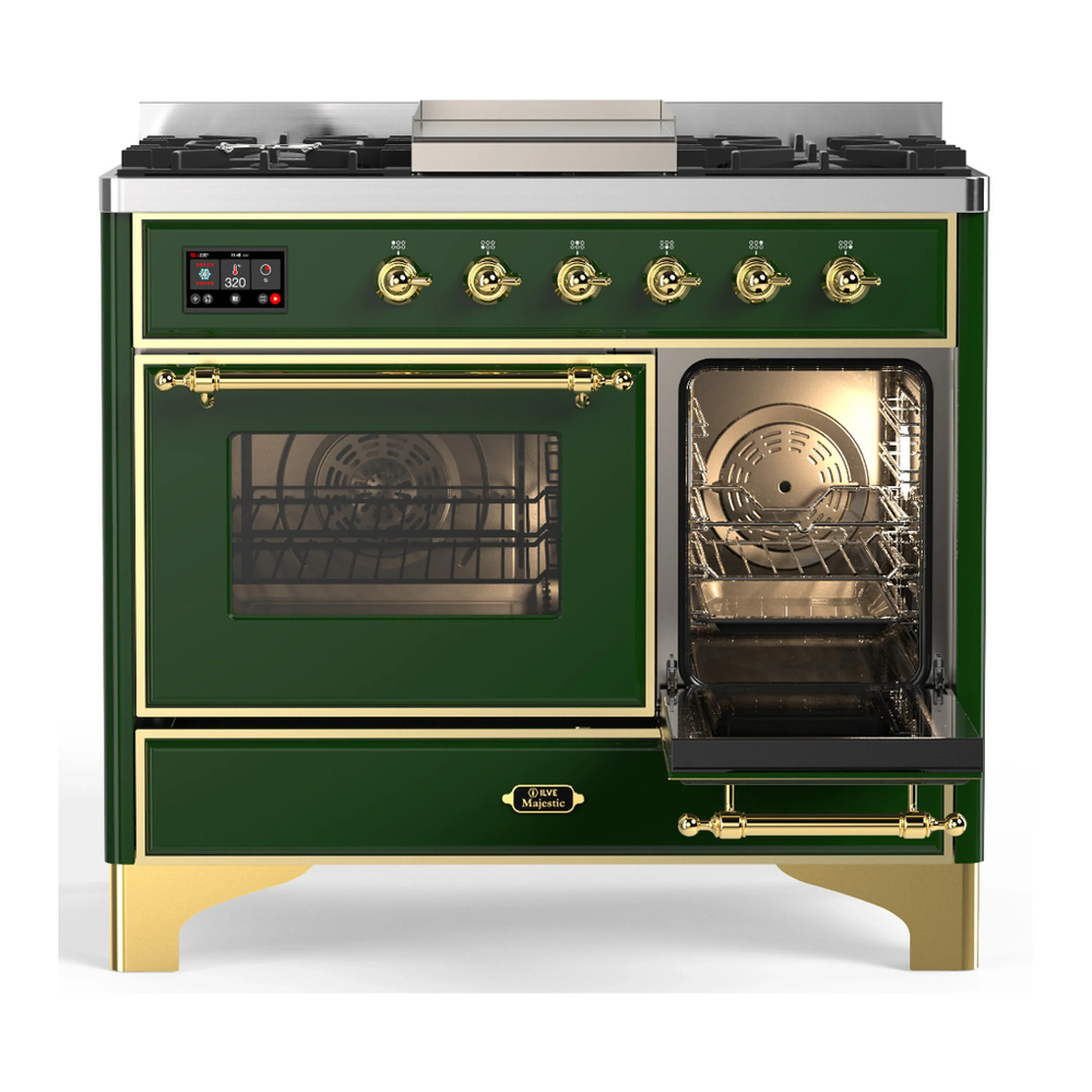ILVE Majestic III 40-inch Dual Fuel Range with 6 Natural Gas Burner, Griddle and Triple Glass Door Electric Oven in Emerald Green with Brass Trim (UMD40FNR3EGG) - Image 4