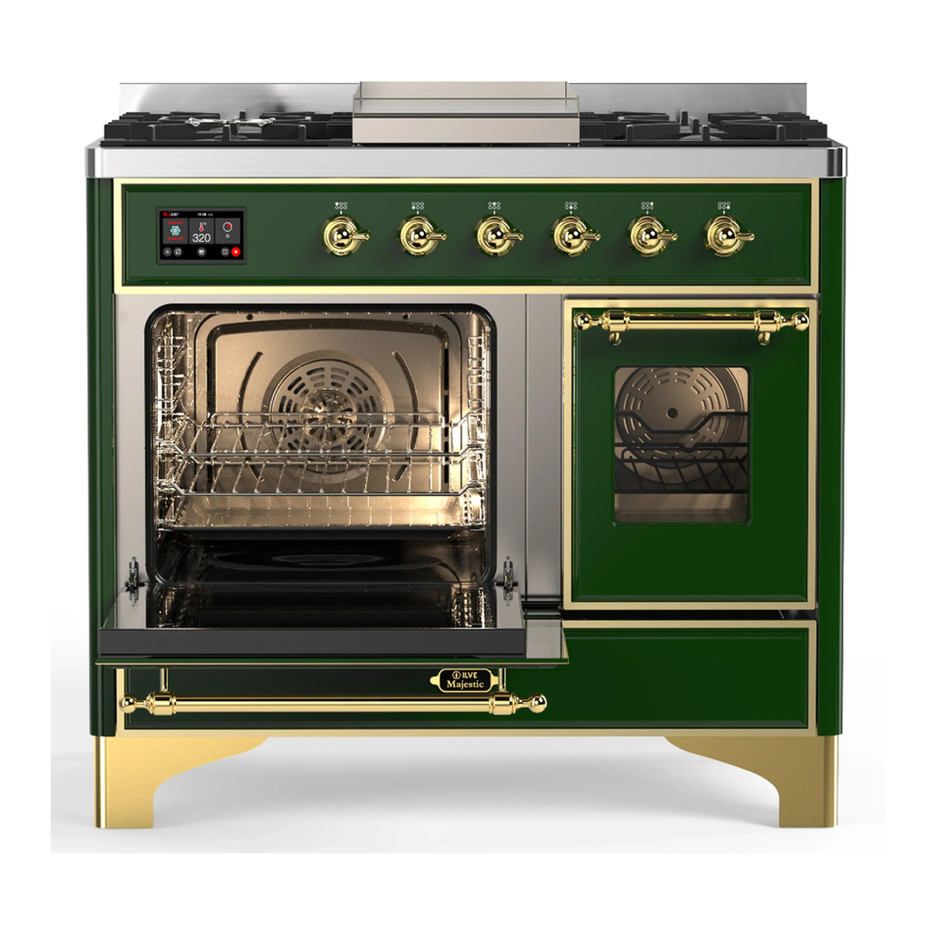 ILVE Majestic III 40-inch Dual Fuel Range with 6 Natural Gas Burner, Griddle and Triple Glass Door Electric Oven in Emerald Green with Brass Trim (UMD40FNR3EGG) - Image 5