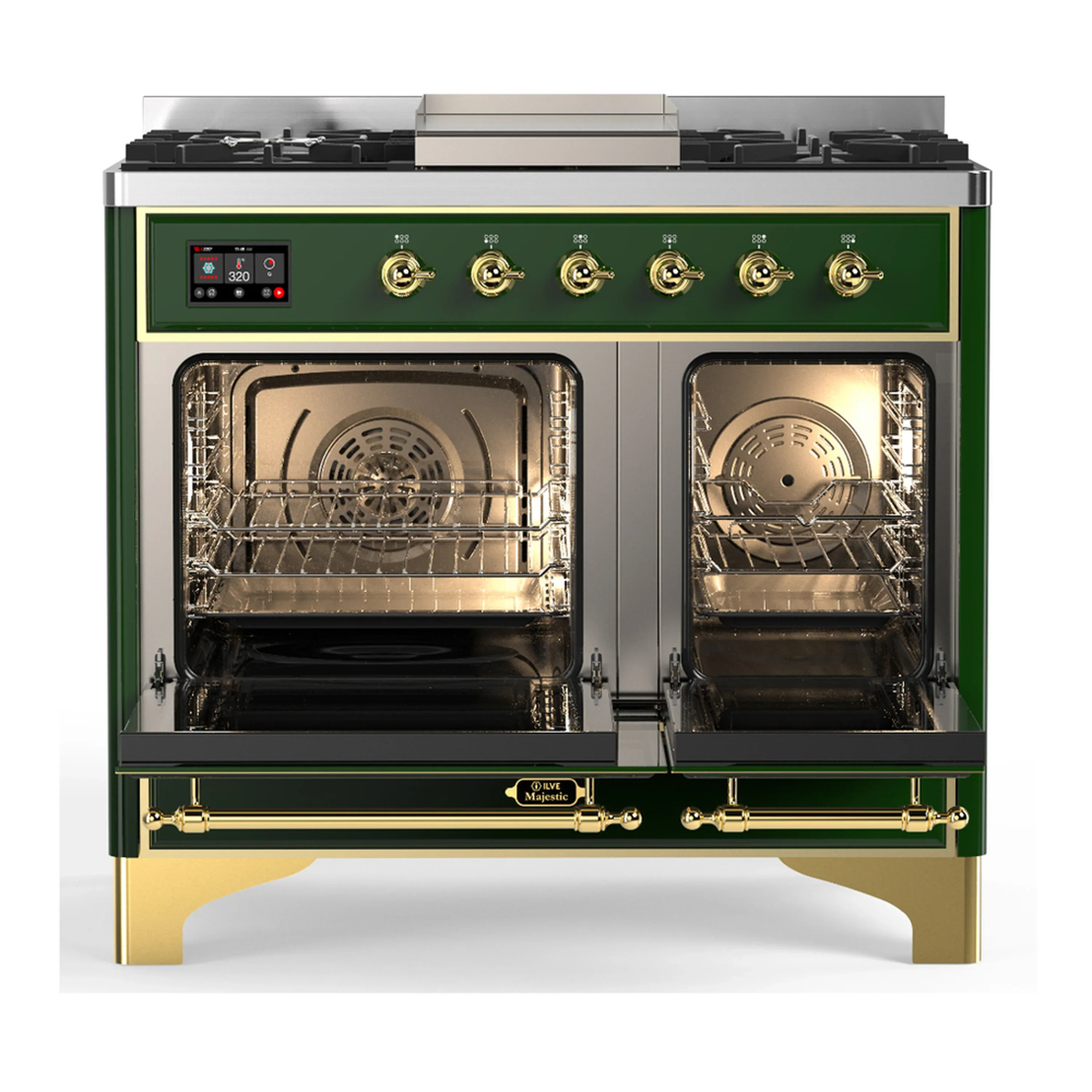 ILVE Majestic III 40-inch Dual Fuel Range with 6 Natural Gas Burner, Griddle and Triple Glass Door Electric Oven in Emerald Green with Brass Trim (UMD40FNR3EGG) - Image 6