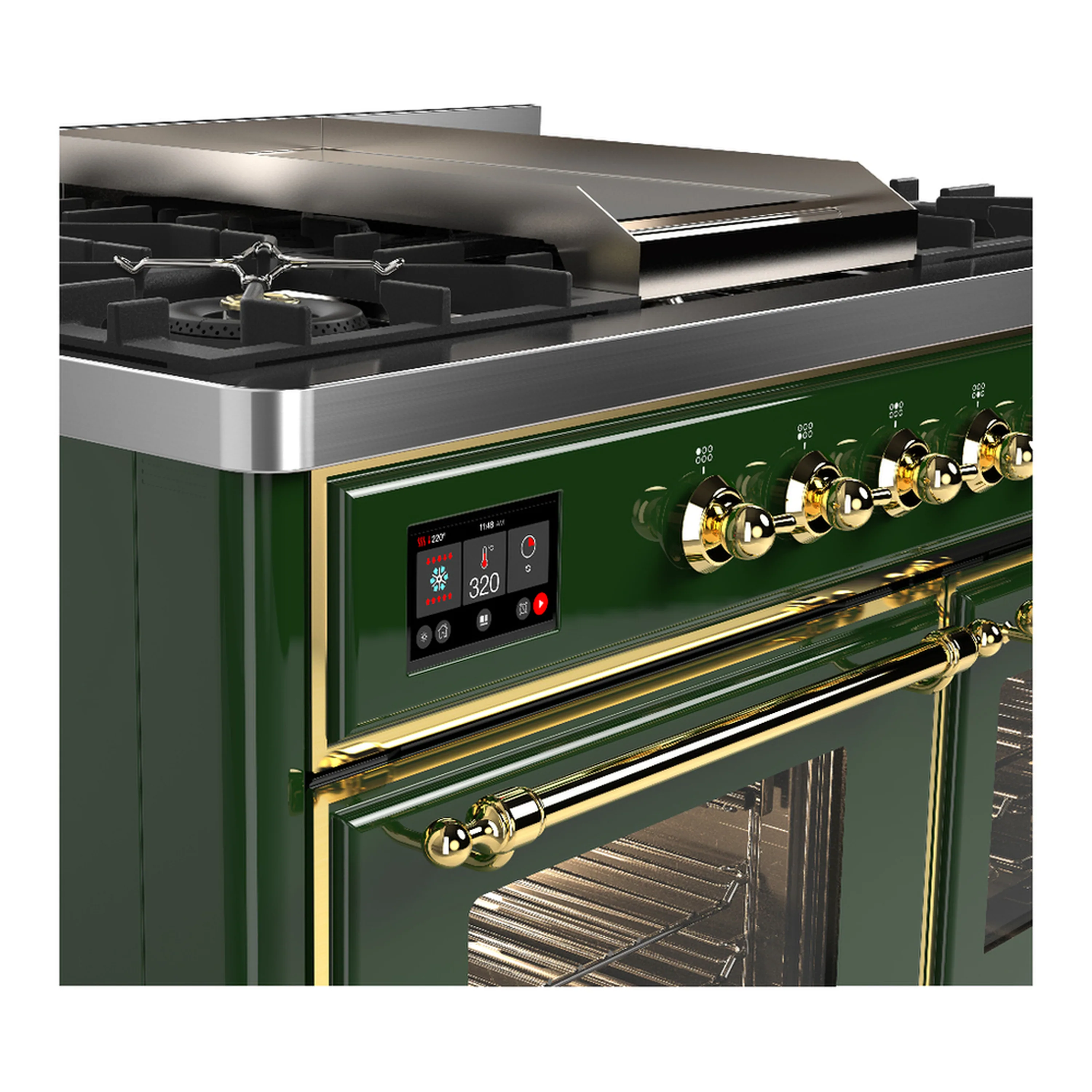 ILVE Majestic III 40-inch Dual Fuel Range with 6 Natural Gas Burner, Griddle and Triple Glass Door Electric Oven in Emerald Green with Brass Trim (UMD40FNR3EGG) - Image 7