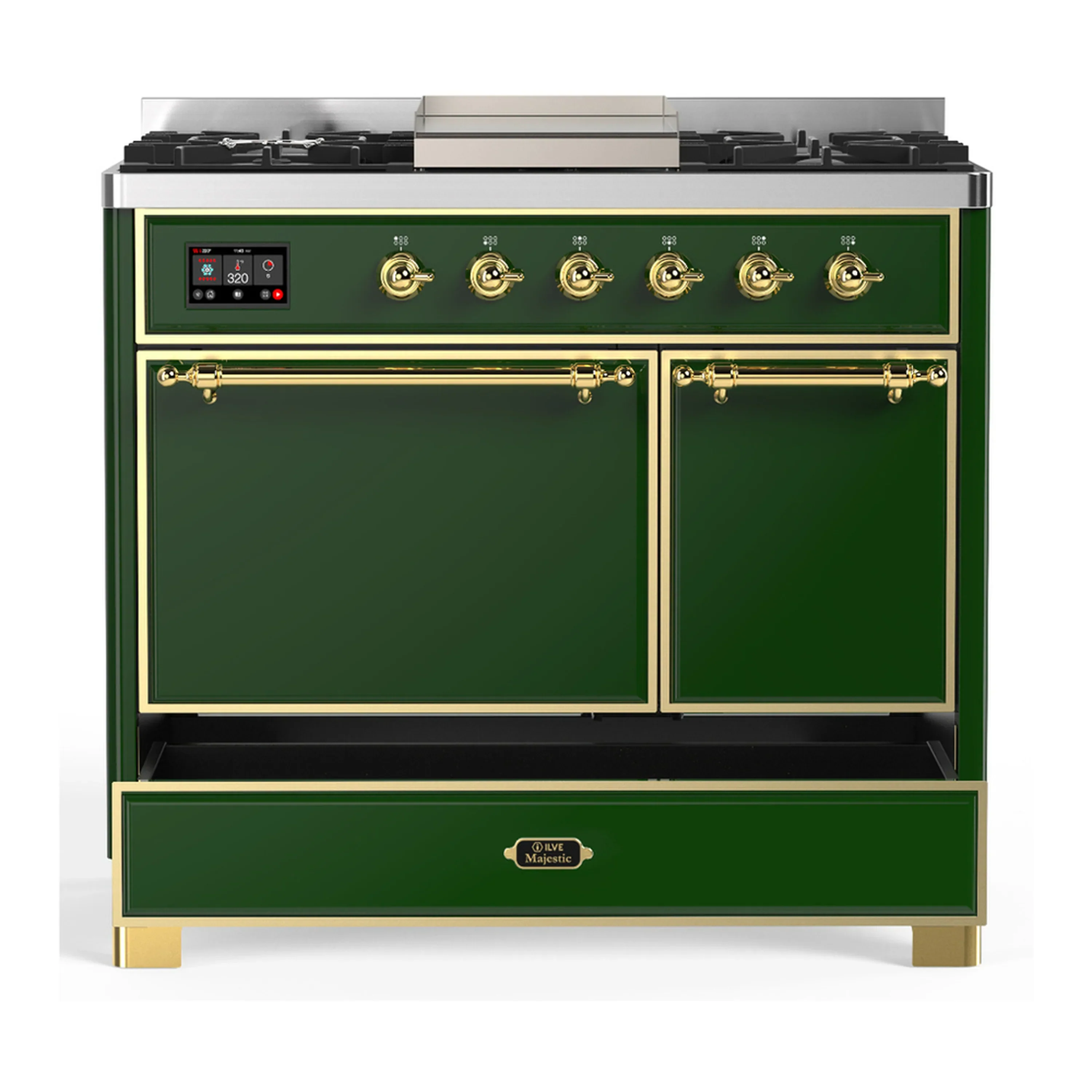 ILVE Majestic III 40-inch Dual Fuel Range with 6 Natural Gas Burner, Griddle and Solid Door Electric Oven in Emerald Green with Brass Trim (UMD40FQNR3EGG) - Image 3