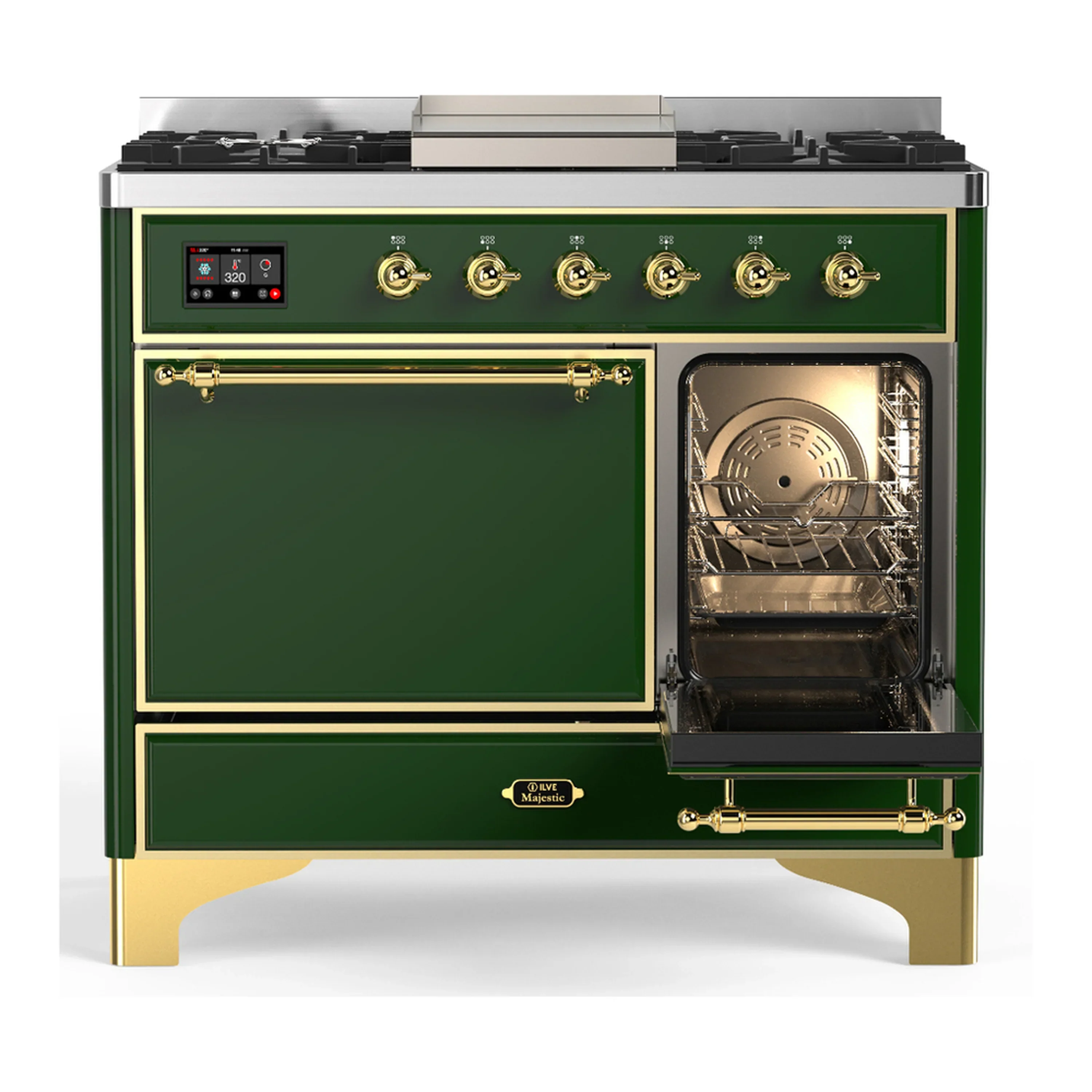 ILVE Majestic III 40-inch Dual Fuel Range with 6 Natural Gas Burner, Griddle and Solid Door Electric Oven in Emerald Green with Brass Trim (UMD40FQNR3EGG) - Image 4