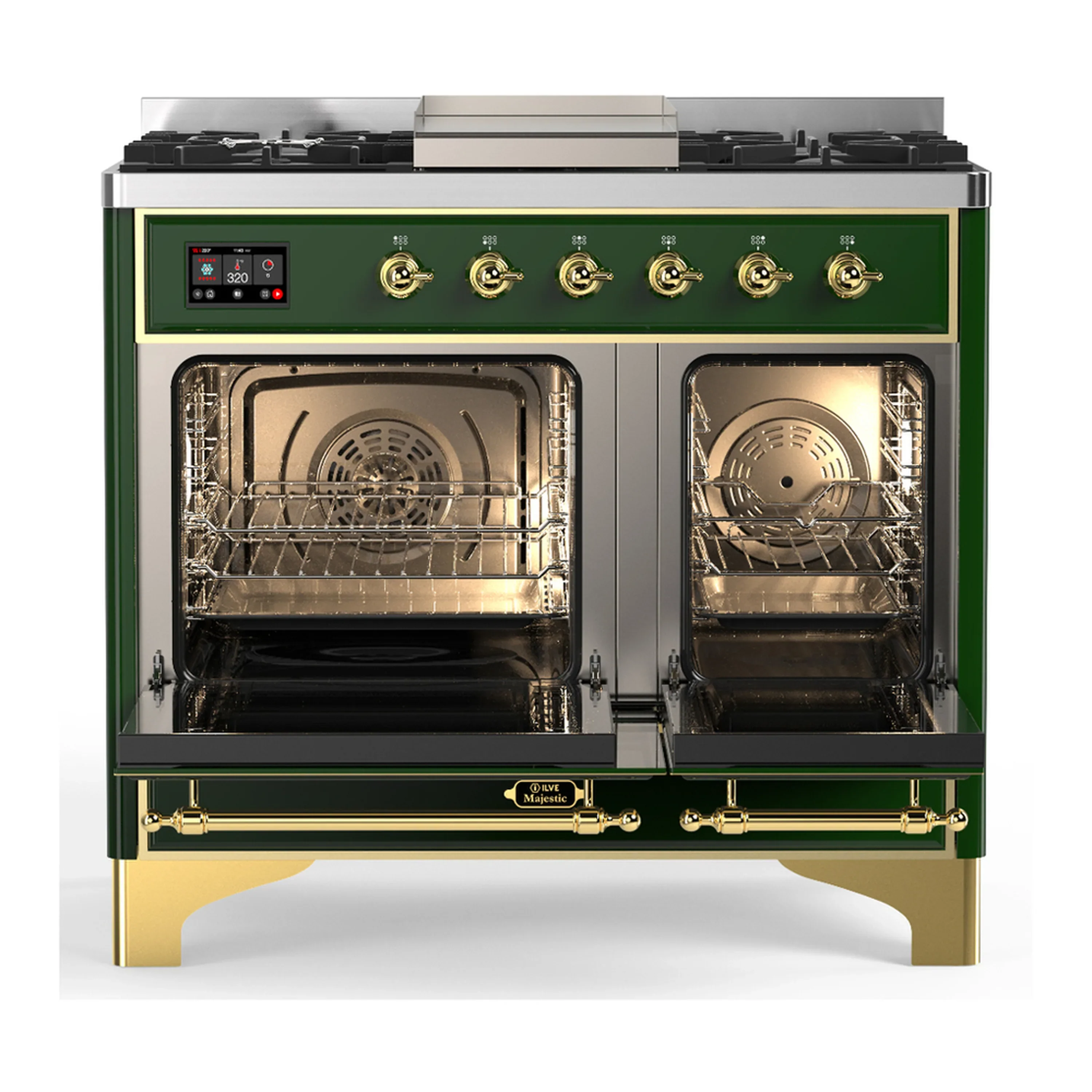 ILVE Majestic III 40-inch Dual Fuel Range with 6 Natural Gas Burner, Griddle and Solid Door Electric Oven in Emerald Green with Brass Trim (UMD40FQNR3EGG) - Image 6