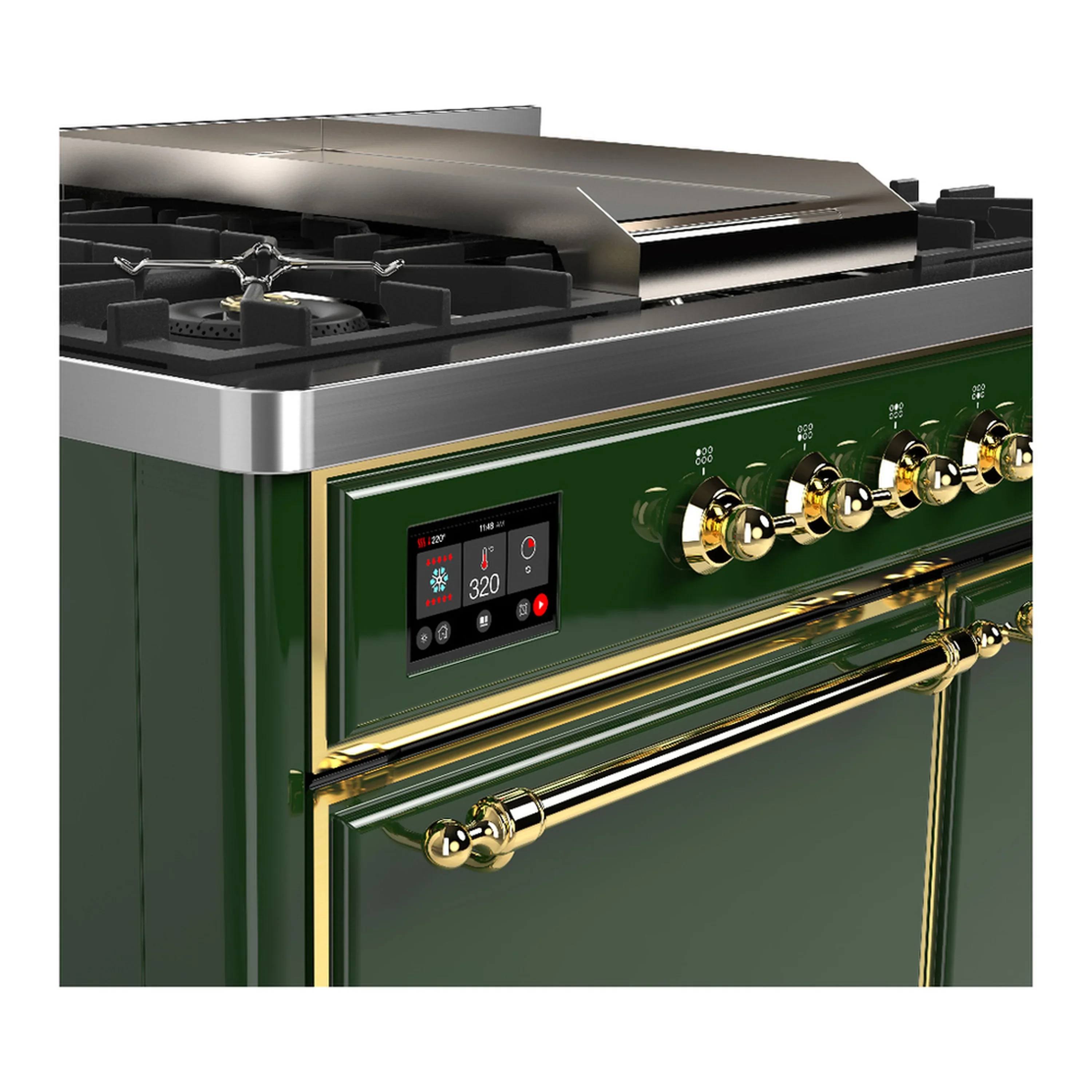 ILVE Majestic III 40-inch Dual Fuel Range with 6 Natural Gas Burner, Griddle and Solid Door Electric Oven in Emerald Green with Brass Trim (UMD40FQNR3EGG) - Image 7