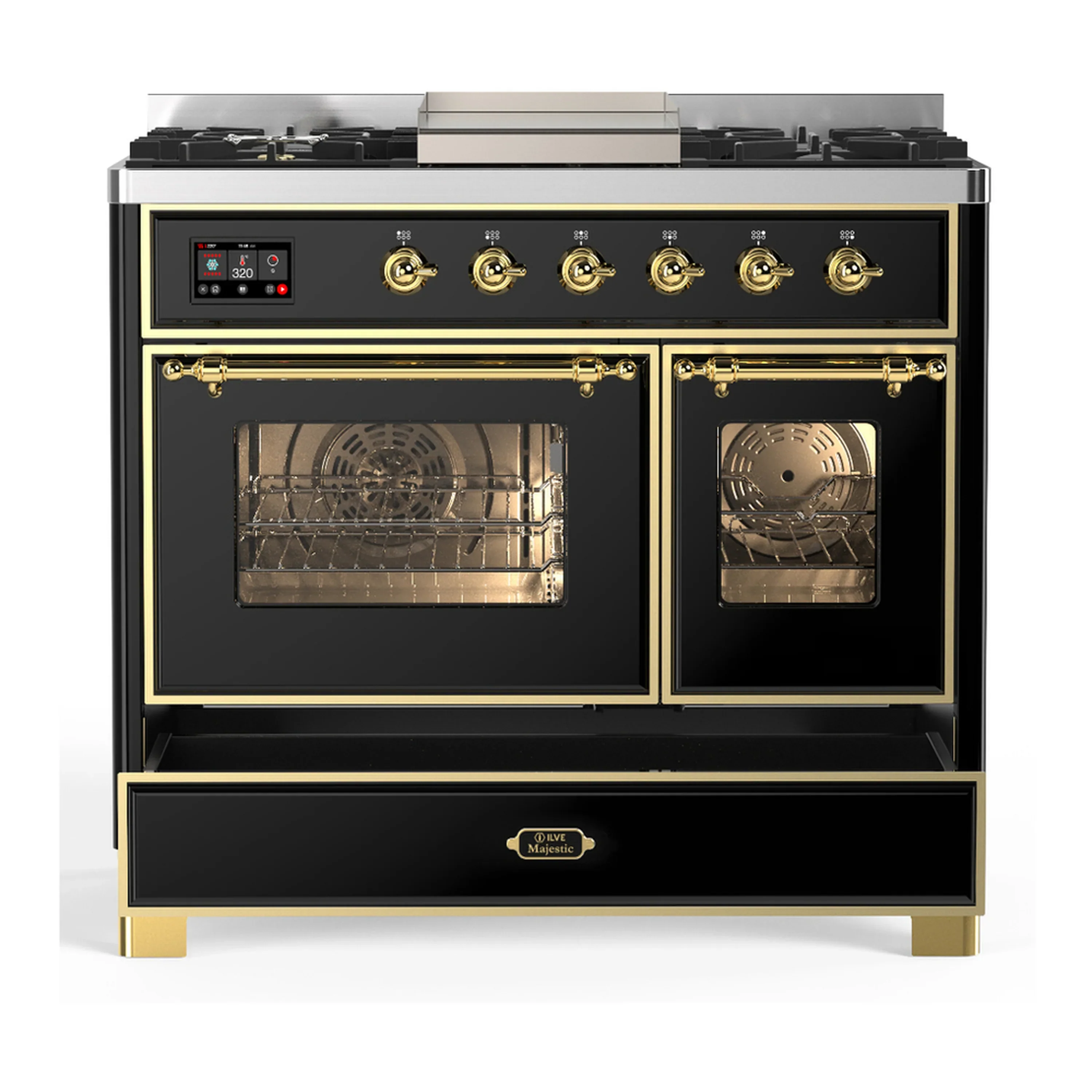 ILVE Majestic III 40-inch Dual Fuel Range with 6 Natural Gas Burner, Griddle and Triple Glass Door Electric Oven in Glossy Black with Brass Trim (UMD40FNR3BKG) - Image 3