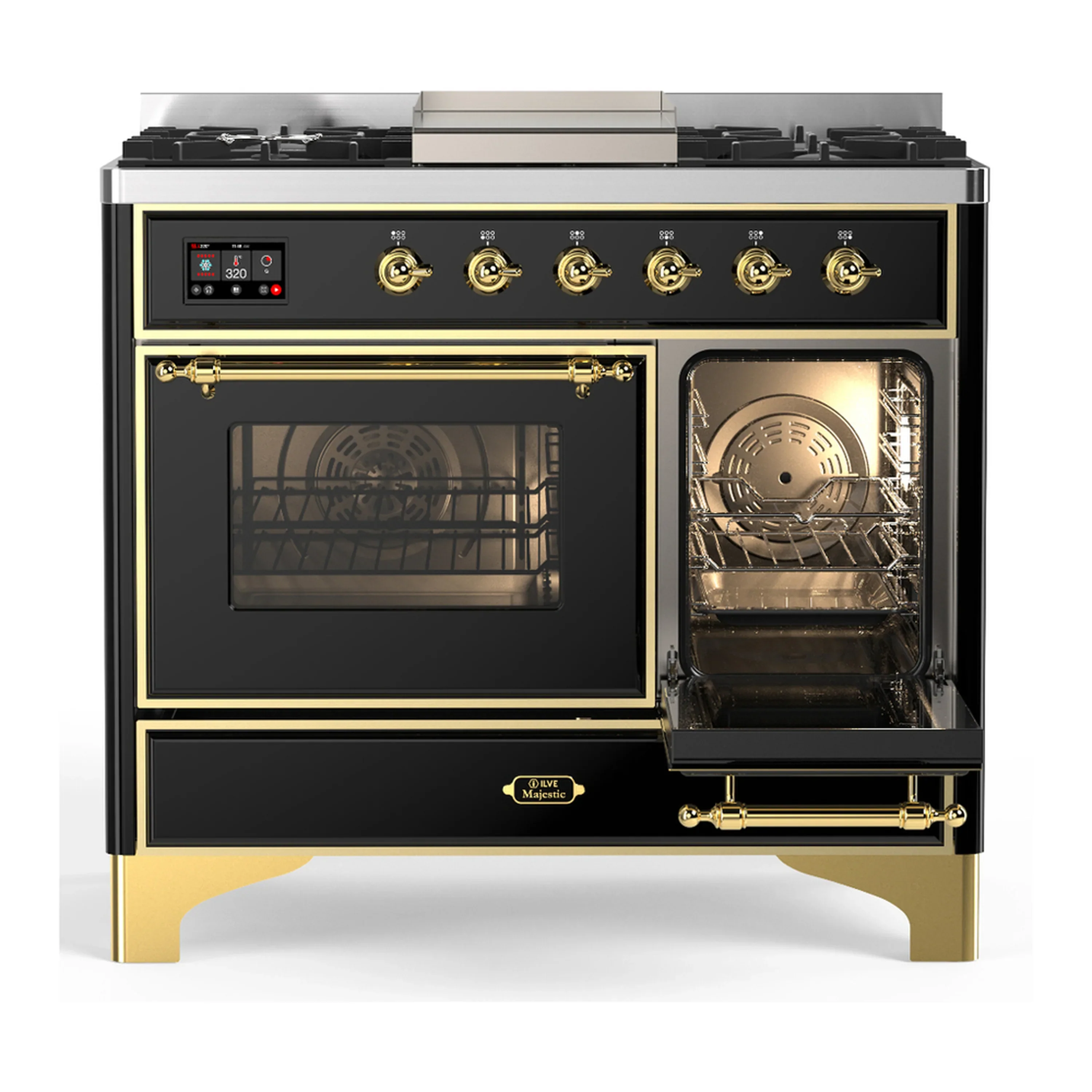 ILVE Majestic III 40-inch Dual Fuel Range with 6 Natural Gas Burner, Griddle and Triple Glass Door Electric Oven in Glossy Black with Brass Trim (UMD40FNR3BKG) - Image 4