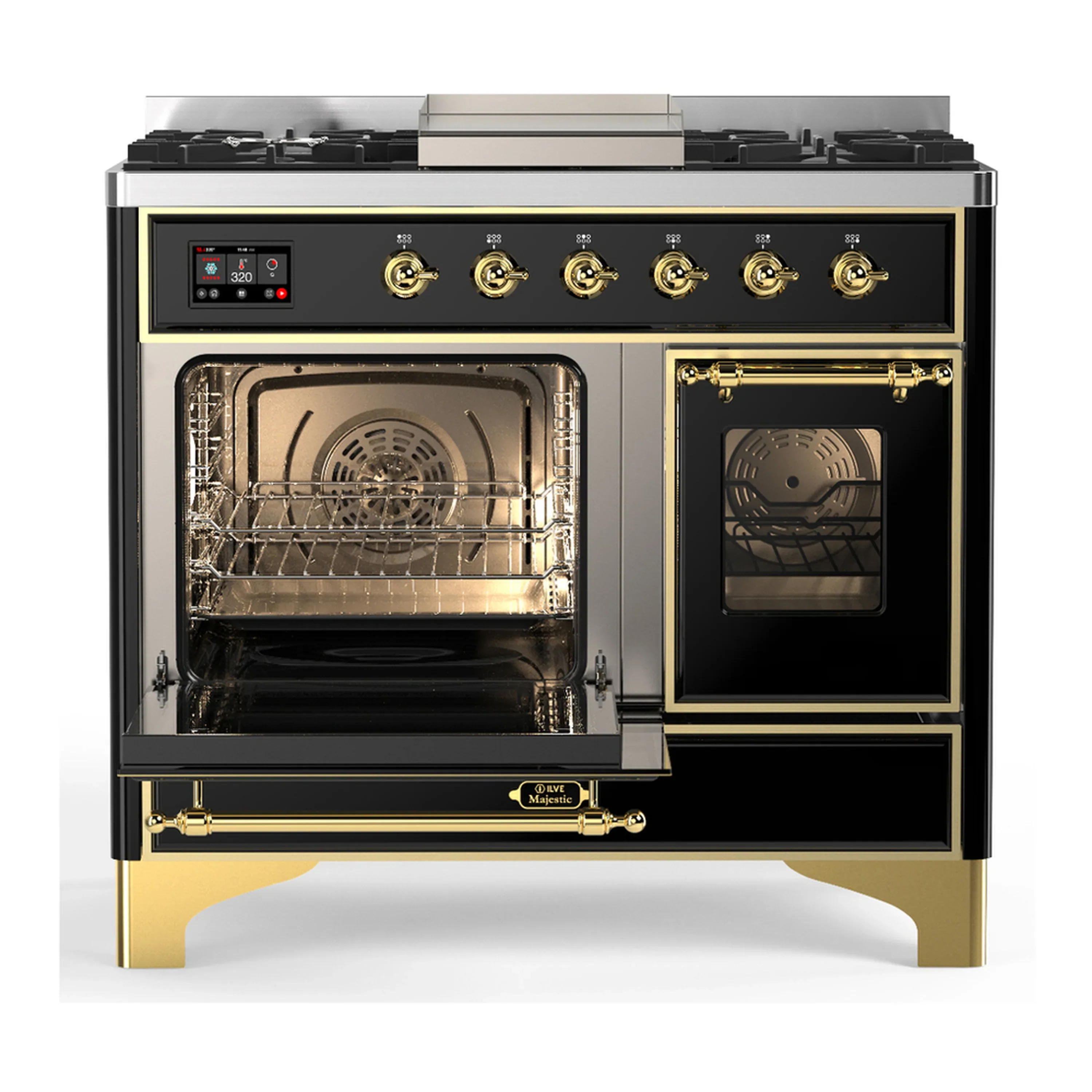 ILVE Majestic III 40-inch Dual Fuel Range with 6 Natural Gas Burner, Griddle and Triple Glass Door Electric Oven in Glossy Black with Brass Trim (UMD40FNR3BKG) - Image 5
