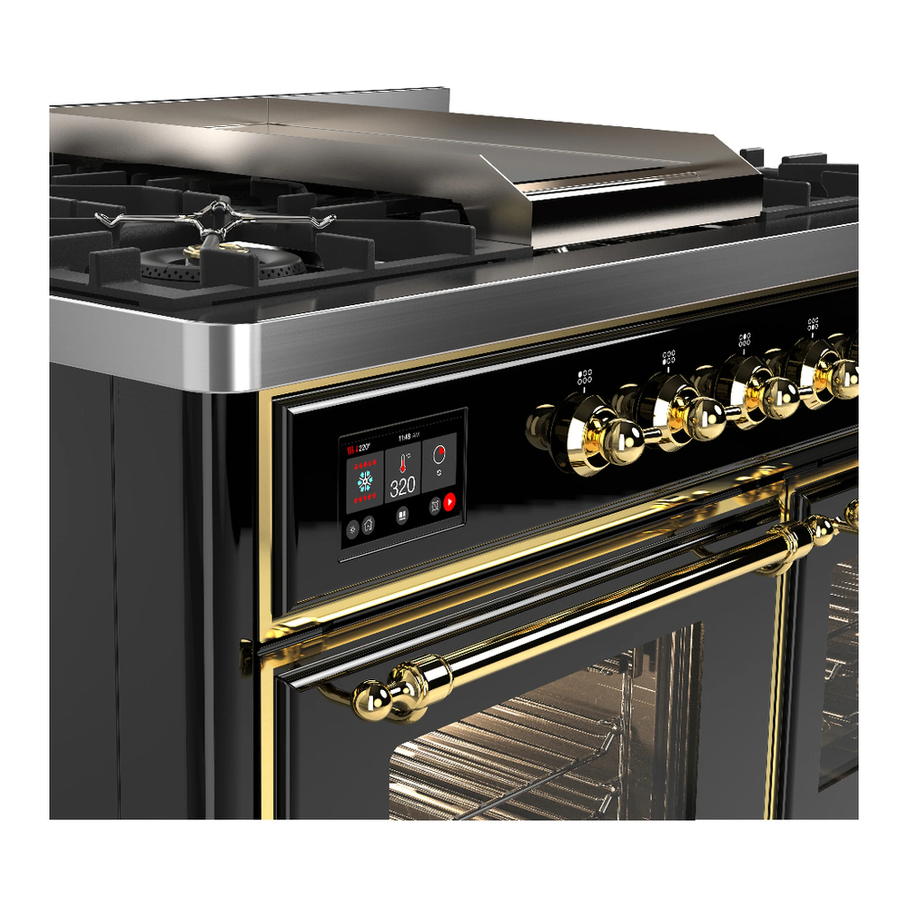 ILVE Majestic III 40-inch Dual Fuel Range with 6 Natural Gas Burner, Griddle and Triple Glass Door Electric Oven in Glossy Black with Brass Trim (UMD40FNR3BKG) - Image 7