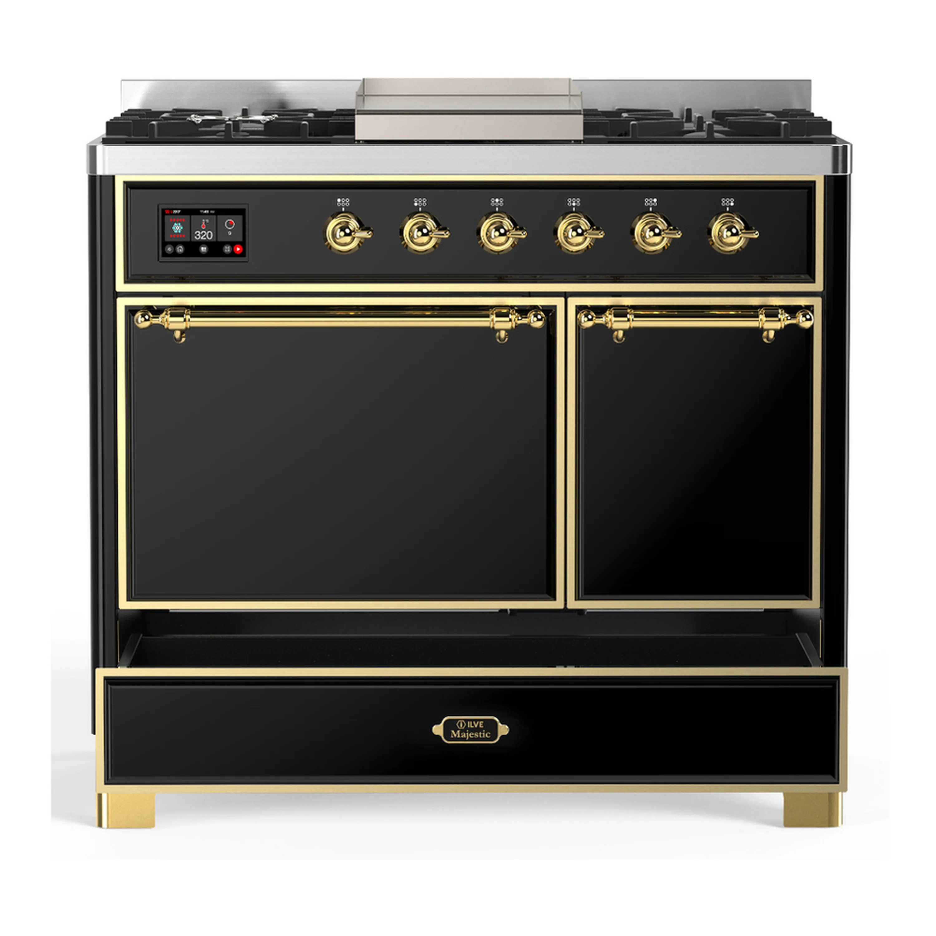 ILVE Majestic III 40-inch Dual Fuel Range with 6 Natural Gas Burner, Griddle and Solid Door Electric Oven in Glossy Black with Brass Trim (UMD40FQNR3BKG) - Image 3