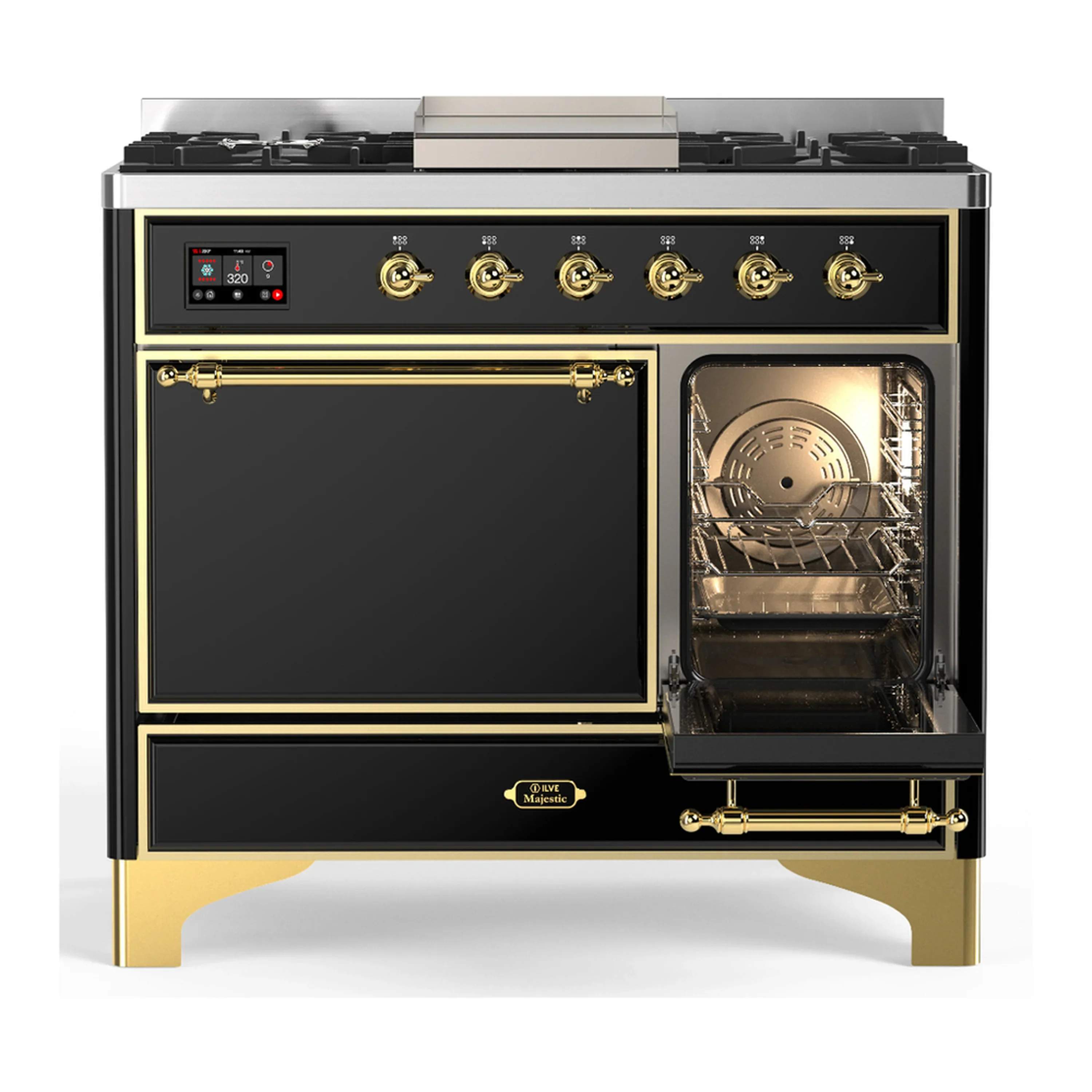 ILVE Majestic III 40-inch Dual Fuel Range with 6 Natural Gas Burner, Griddle and Solid Door Electric Oven in Glossy Black with Brass Trim (UMD40FQNR3BKG) - Image 4