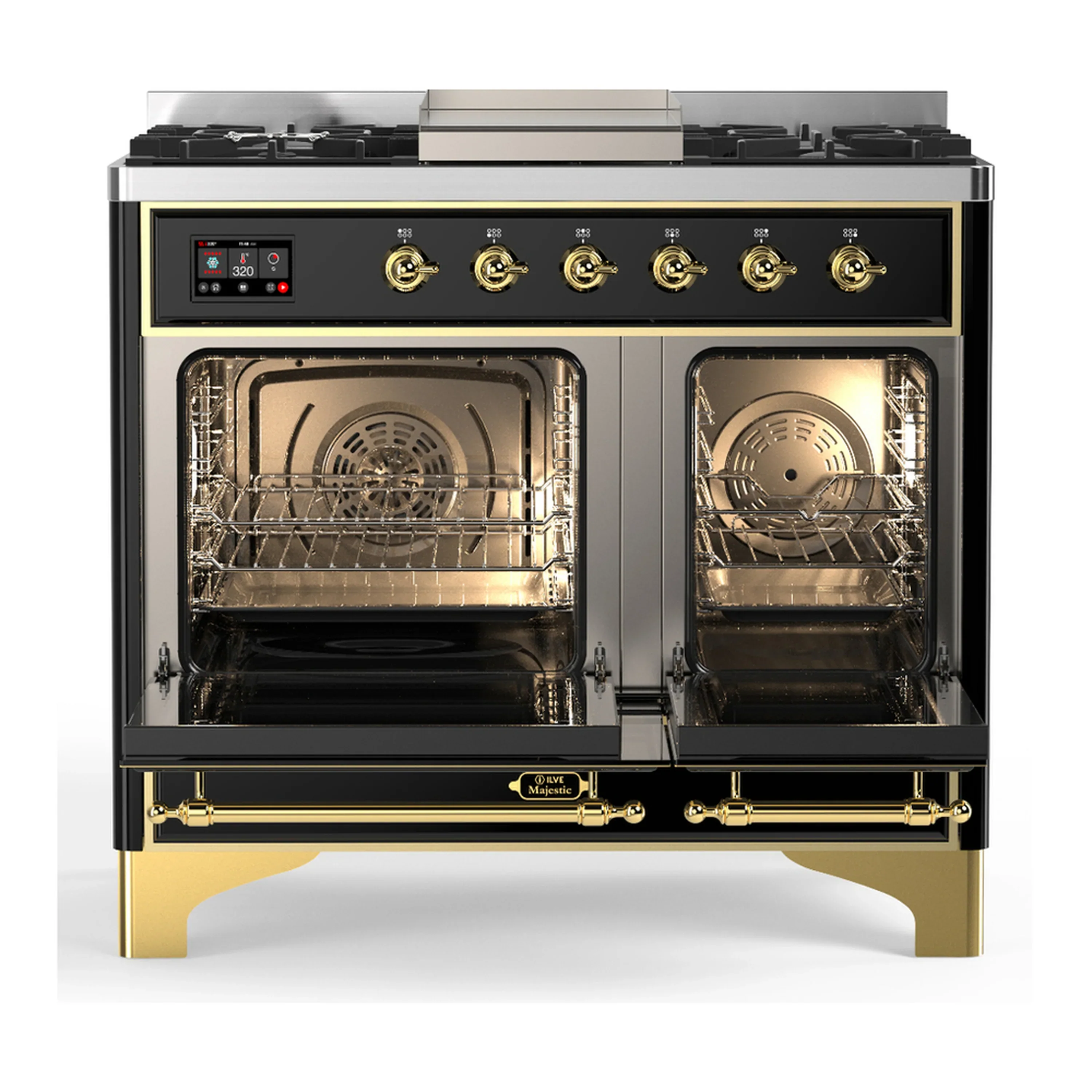 ILVE Majestic III 40-inch Dual Fuel Range with 6 Natural Gas Burner, Griddle and Solid Door Electric Oven in Glossy Black with Brass Trim (UMD40FQNR3BKG) - Image 6