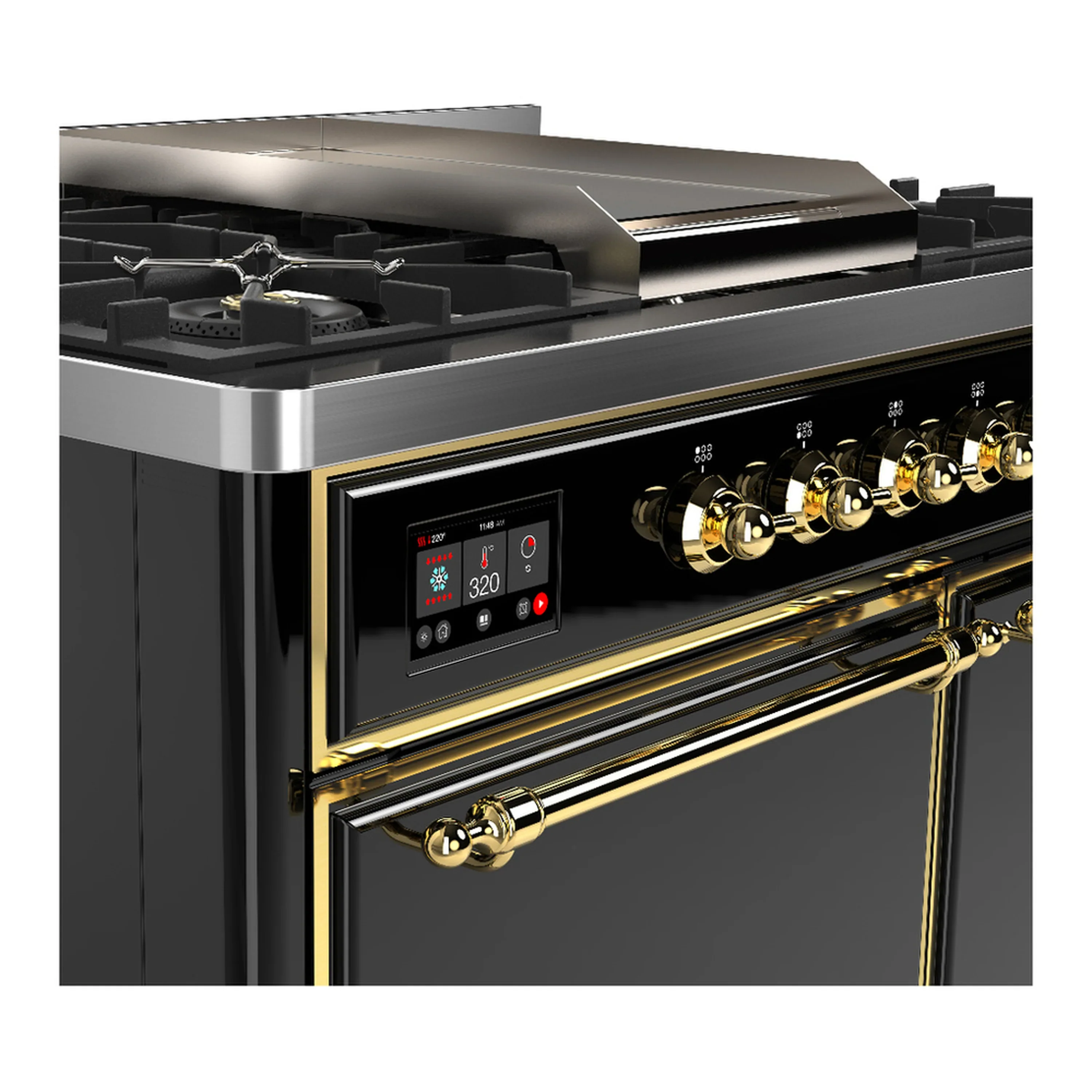 ILVE Majestic III 40-inch Dual Fuel Range with 6 Natural Gas Burner, Griddle and Solid Door Electric Oven in Glossy Black with Brass Trim (UMD40FQNR3BKG) - Image 7
