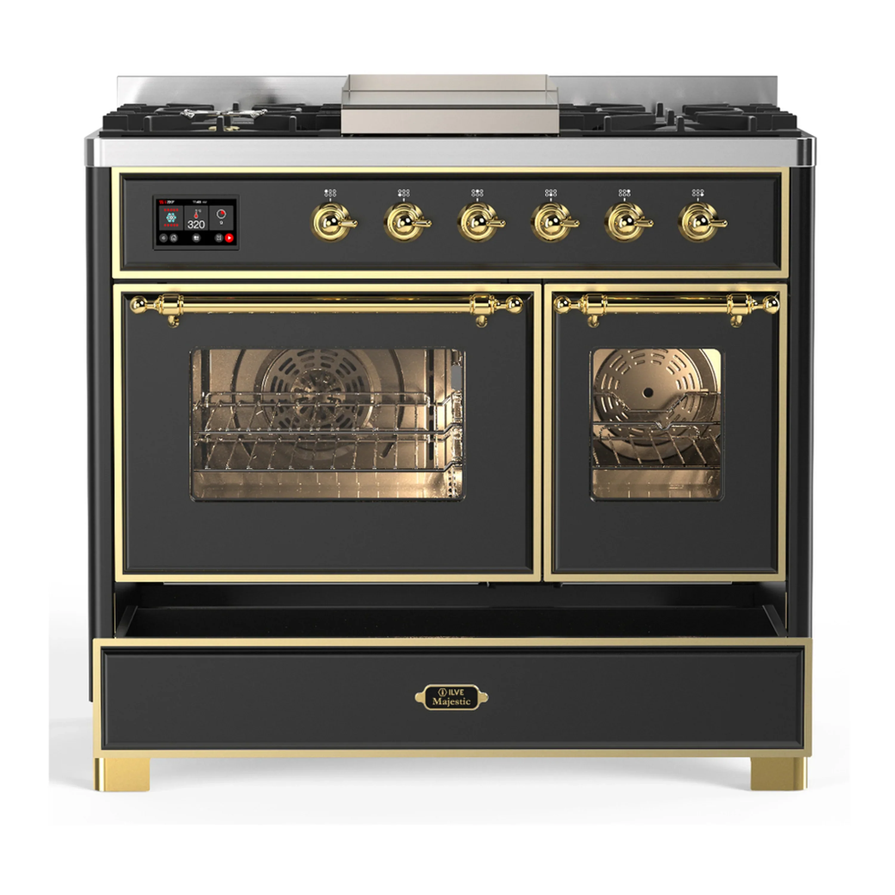 ILVE Majestic III 40-inch Dual Fuel Range with 6 Natural Gas Burner, Griddle and Triple Glass Door Electric Oven in Graphite Matte with Brass Trim (UMD40FNR3MGG) - Image 3