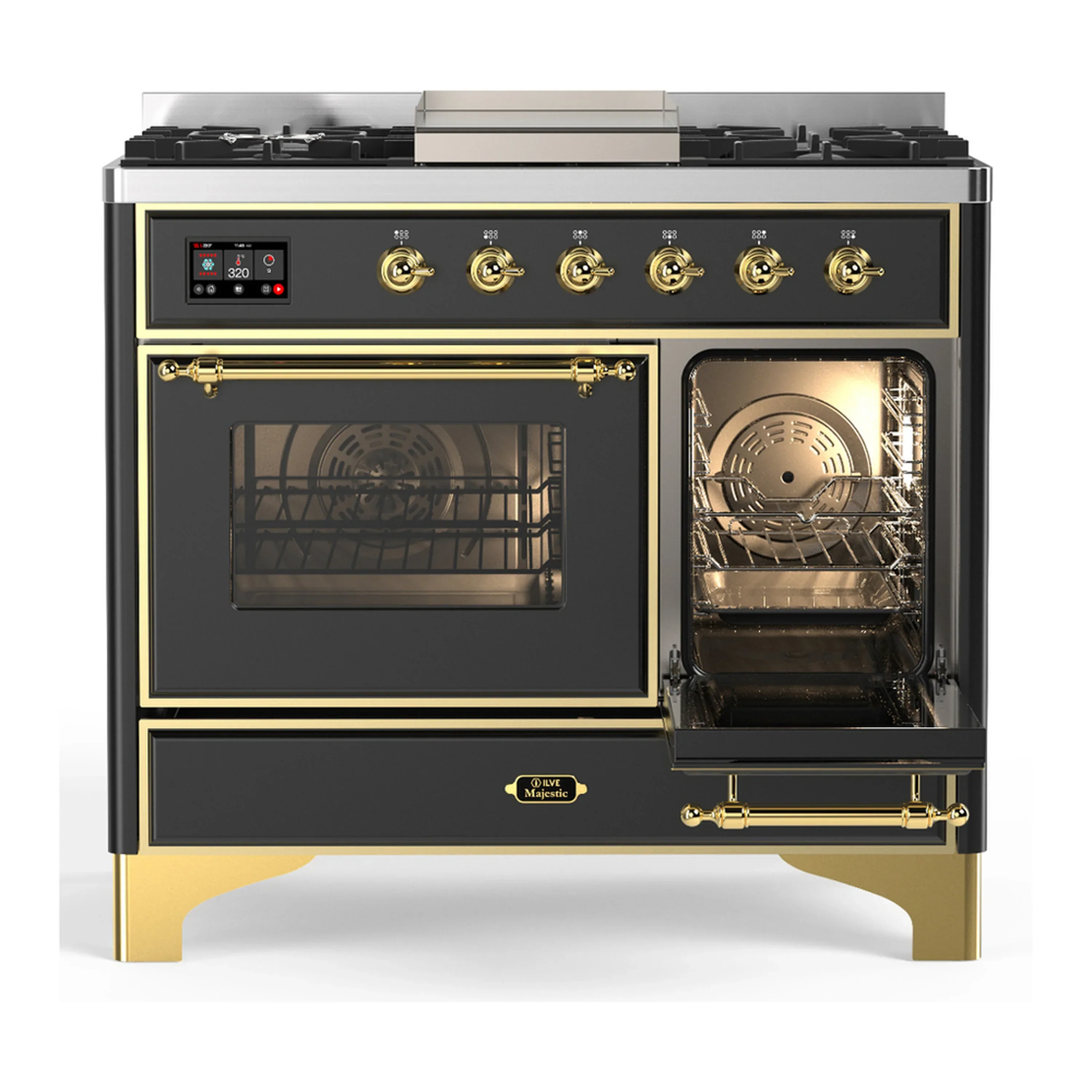 ILVE Majestic III 40-inch Dual Fuel Range with 6 Natural Gas Burner, Griddle and Triple Glass Door Electric Oven in Graphite Matte with Brass Trim (UMD40FNR3MGG) - Image 4