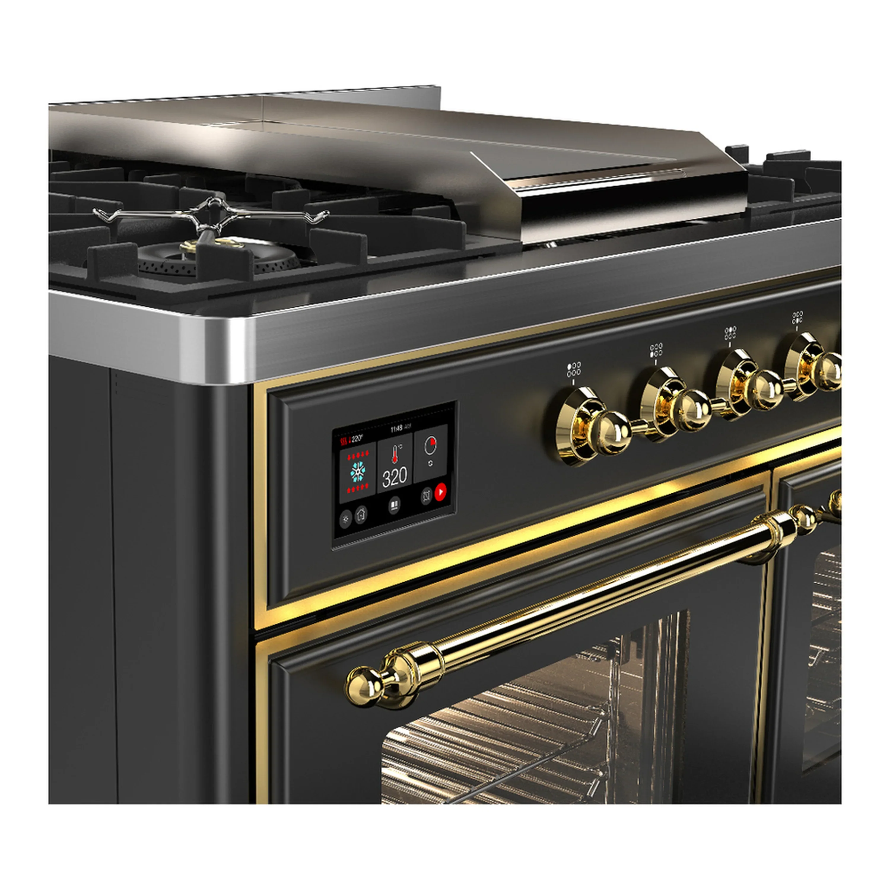 ILVE Majestic III 40-inch Dual Fuel Range with 6 Natural Gas Burner, Griddle and Triple Glass Door Electric Oven in Graphite Matte with Brass Trim (UMD40FNR3MGG) - Image 7