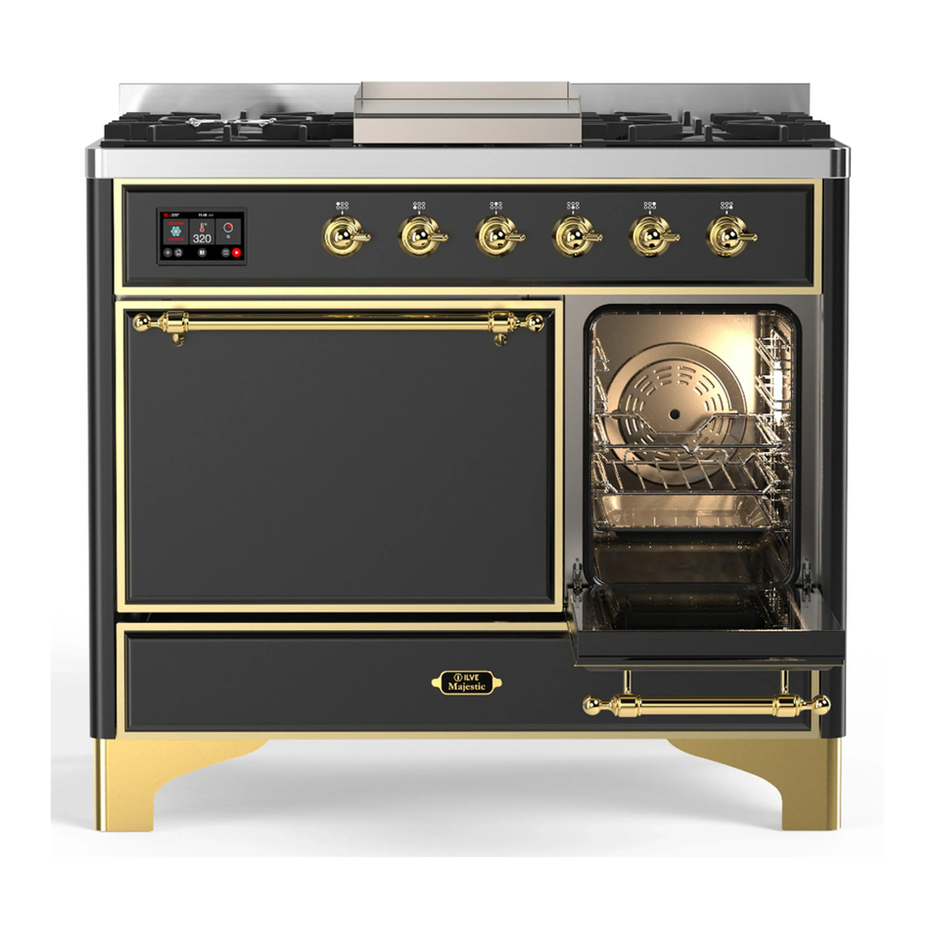 ILVE Majestic III 40-inch Dual Fuel Range with 6 Natural Gas Burner, Griddle and Solid Door Electric Oven in Graphite Matte with Brass Trim (UMD40FQNR3MGG) - Image 4