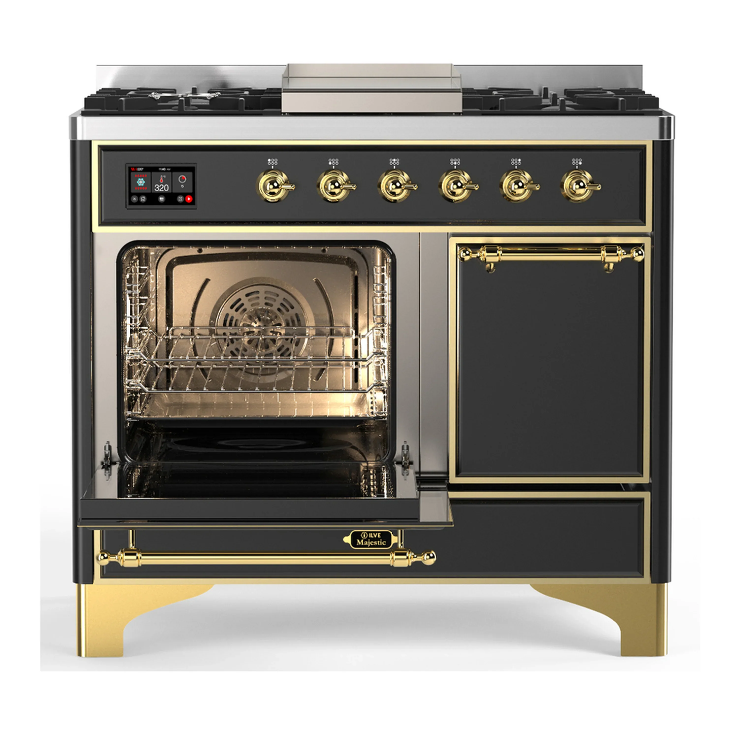 ILVE Majestic III 40-inch Dual Fuel Range with 6 Natural Gas Burner, Griddle and Solid Door Electric Oven in Graphite Matte with Brass Trim (UMD40FQNR3MGG) - Image 5