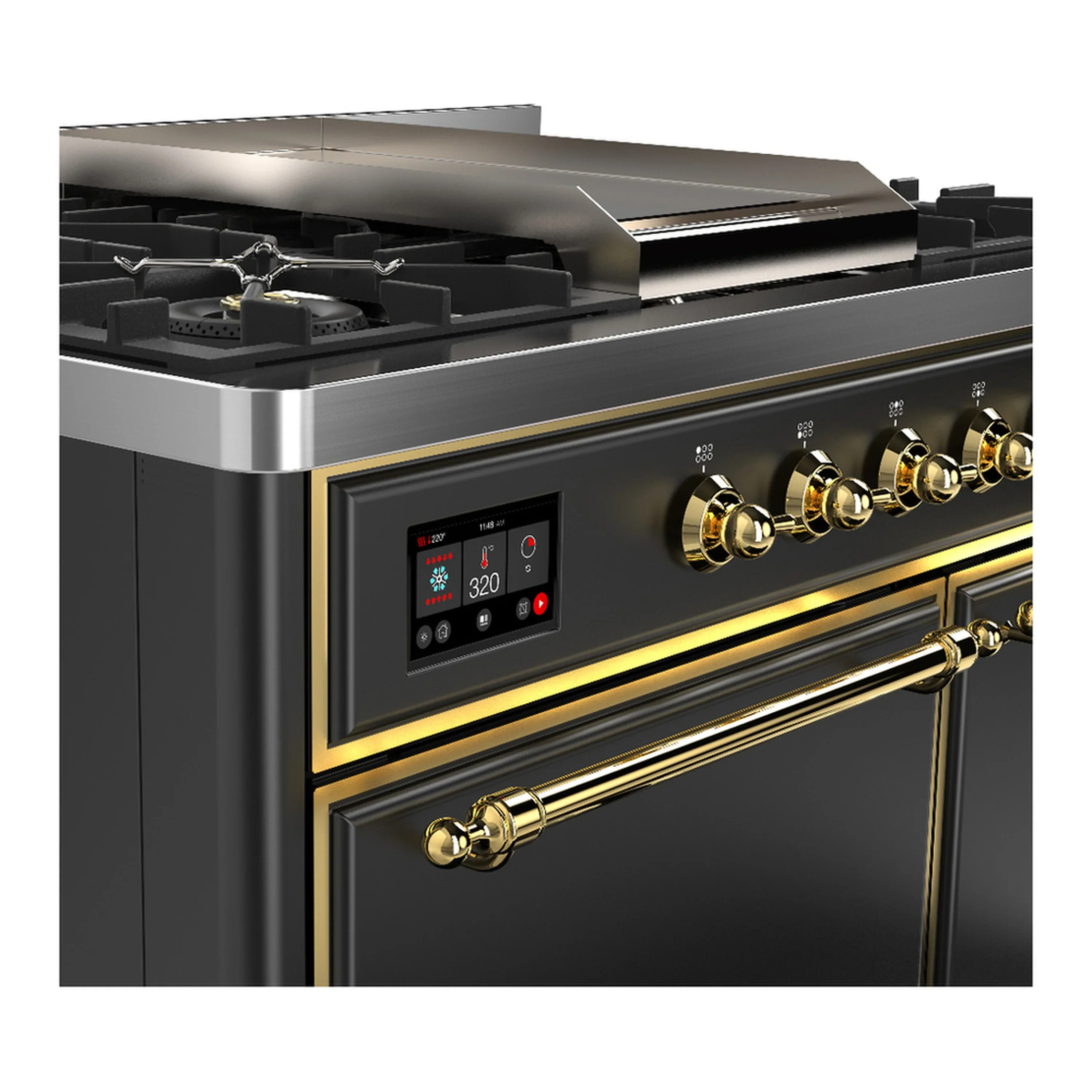 ILVE Majestic III 40-inch Dual Fuel Range with 6 Natural Gas Burner, Griddle and Solid Door Electric Oven in Graphite Matte with Brass Trim (UMD40FQNR3MGG) - Image 7