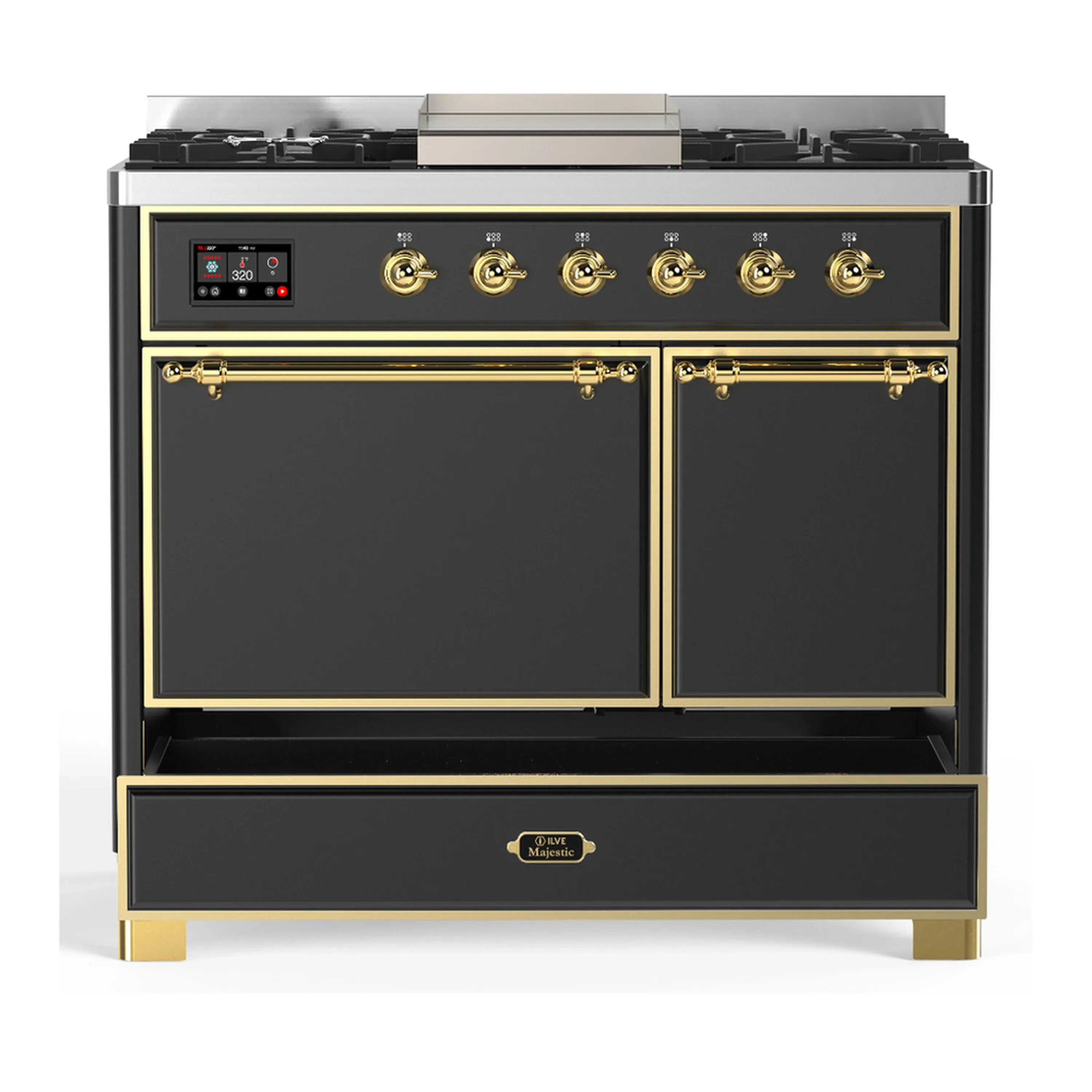 ILVE Majestic III 40-inch Dual Fuel Range with 5 Liquid Propane Burner, Griddle and Solid Door Electric Oven in Graphite Matte with Brass Trim (UMD40FQNR3MGGLP) - Image 3
