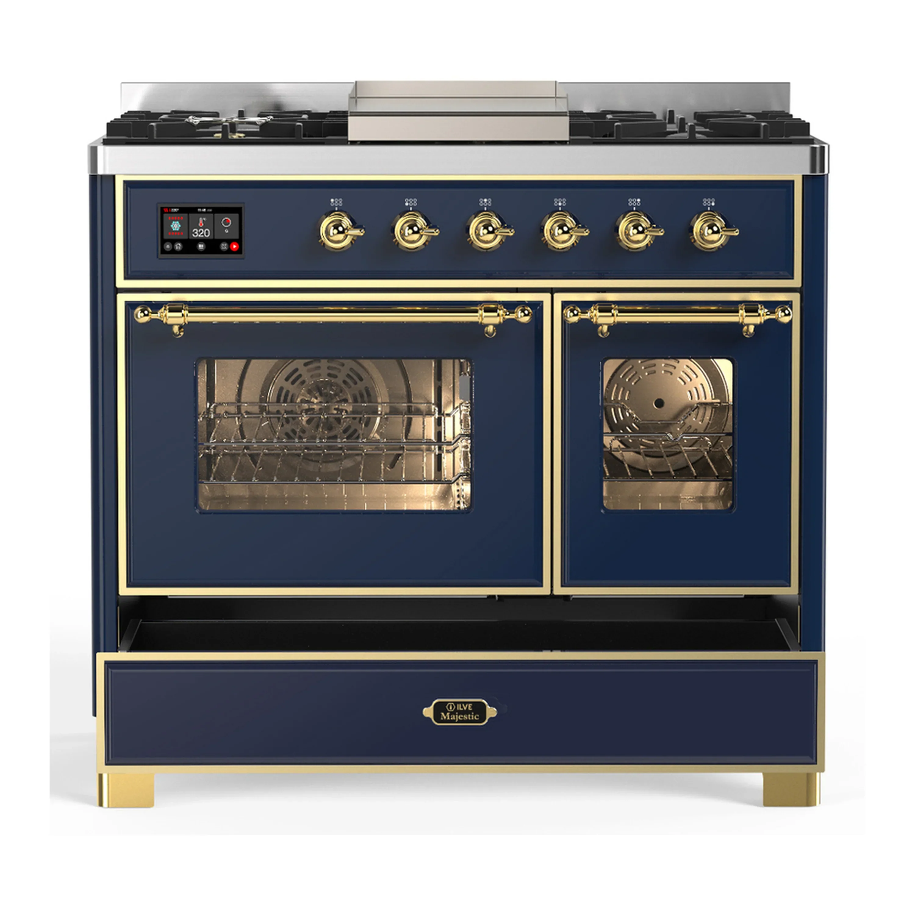 ILVE Majestic III 40-inch Dual Fuel Range with 6 Natural Gas Burner, Griddle and Triple Glass Door Electric Oven in Blue Grey with Brass Trim (UMD40FNR3MBG) - Image 3