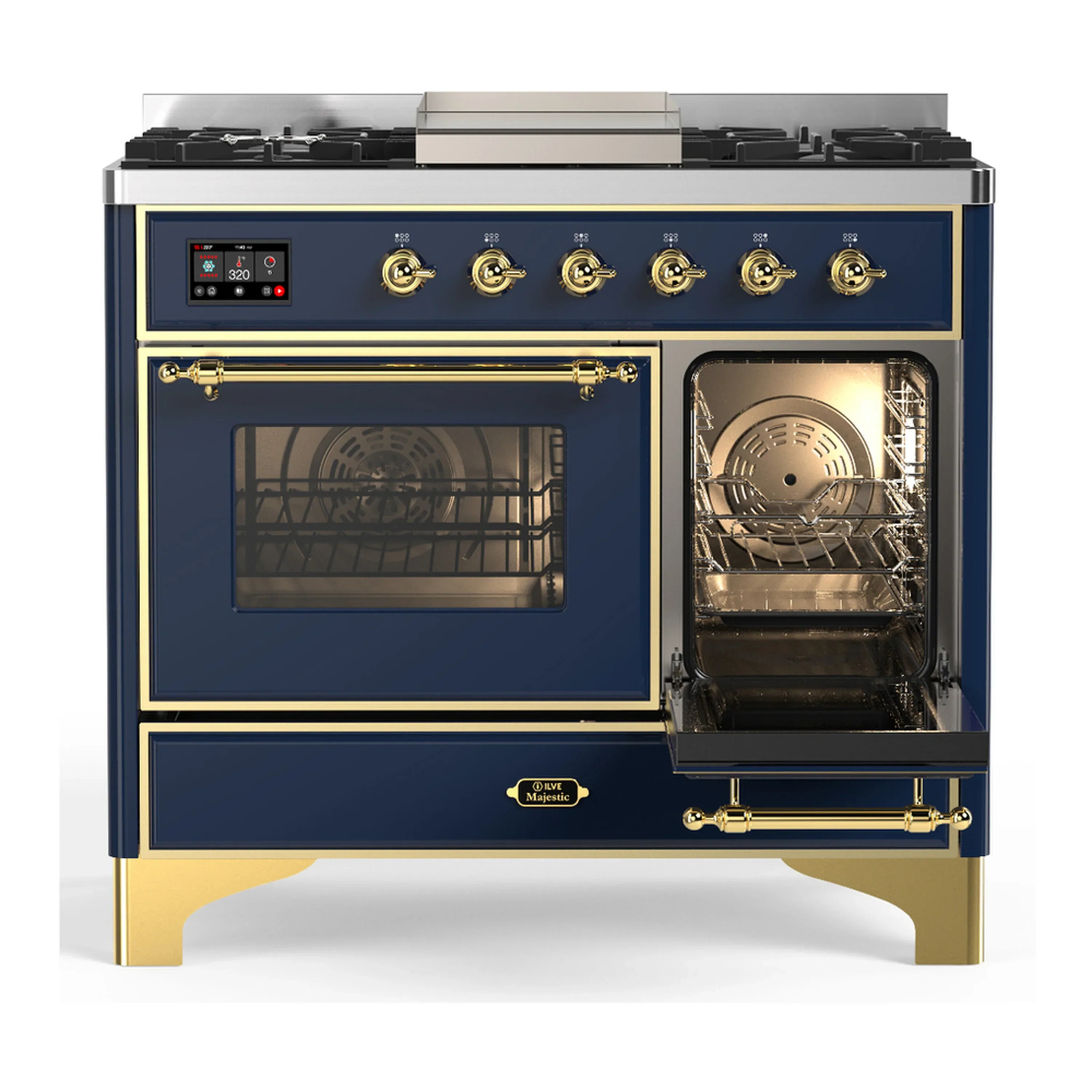 ILVE Majestic III 40-inch Dual Fuel Range with 6 Natural Gas Burner, Griddle and Triple Glass Door Electric Oven in Blue Grey with Brass Trim (UMD40FNR3MBG) - Image 4