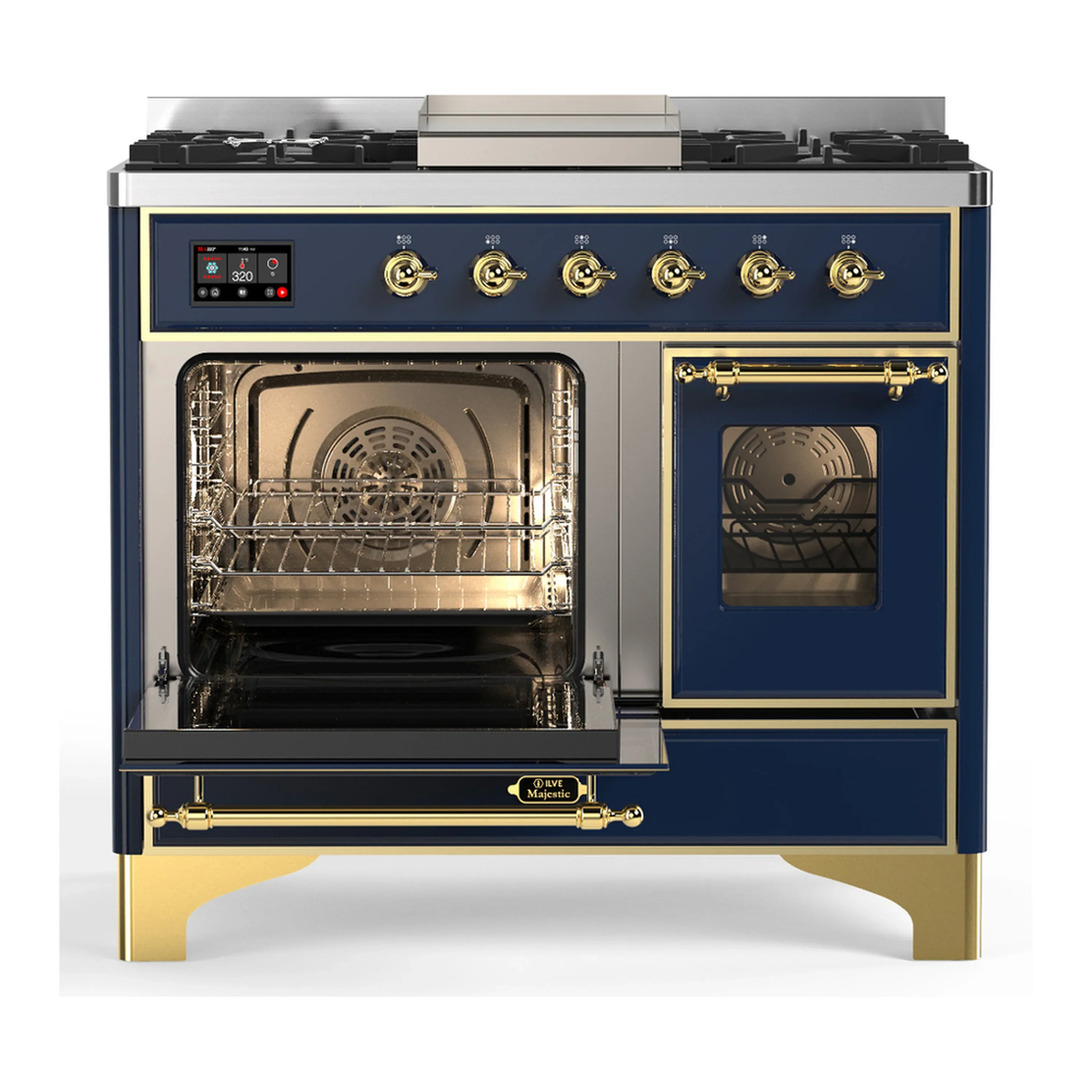 ILVE Majestic III 40-inch Dual Fuel Range with 6 Natural Gas Burner, Griddle and Triple Glass Door Electric Oven in Blue Grey with Brass Trim (UMD40FNR3MBG) - Image 5