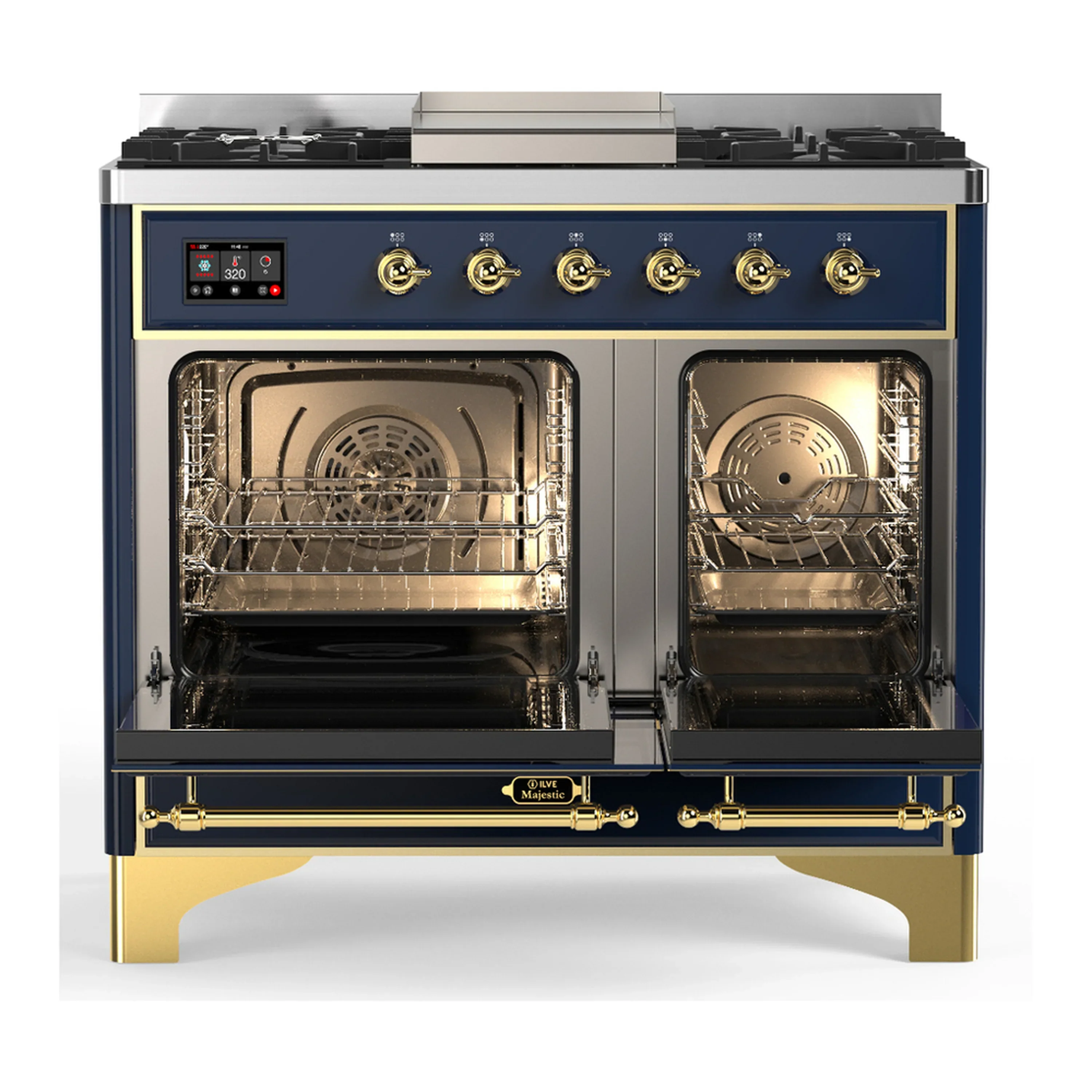 ILVE Majestic III 40-inch Dual Fuel Range with 6 Natural Gas Burner, Griddle and Triple Glass Door Electric Oven in Blue Grey with Brass Trim (UMD40FNR3MBG) - Image 6
