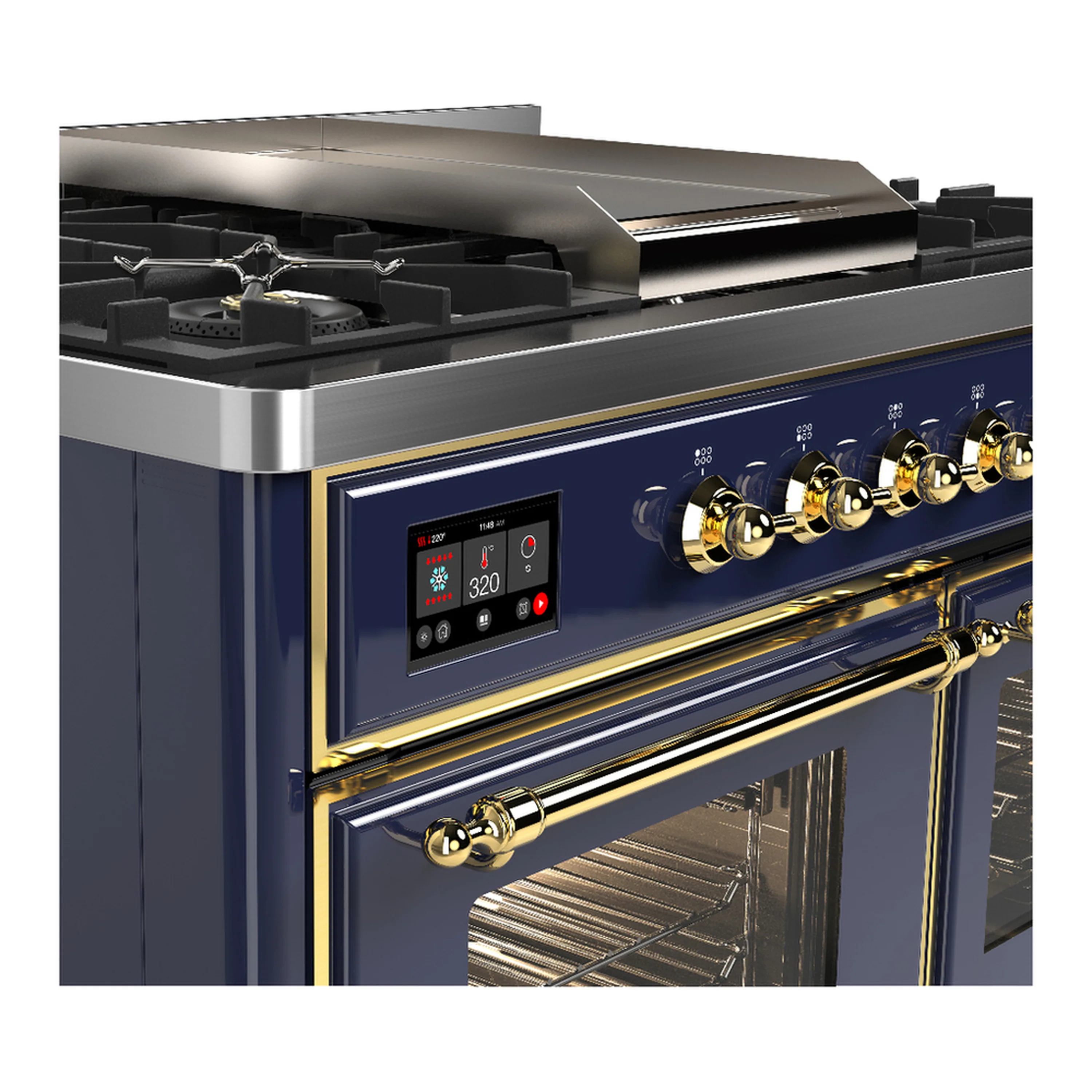ILVE Majestic III 40-inch Dual Fuel Range with 6 Natural Gas Burner, Griddle and Triple Glass Door Electric Oven in Blue Grey with Brass Trim (UMD40FNR3MBG) - Image 7