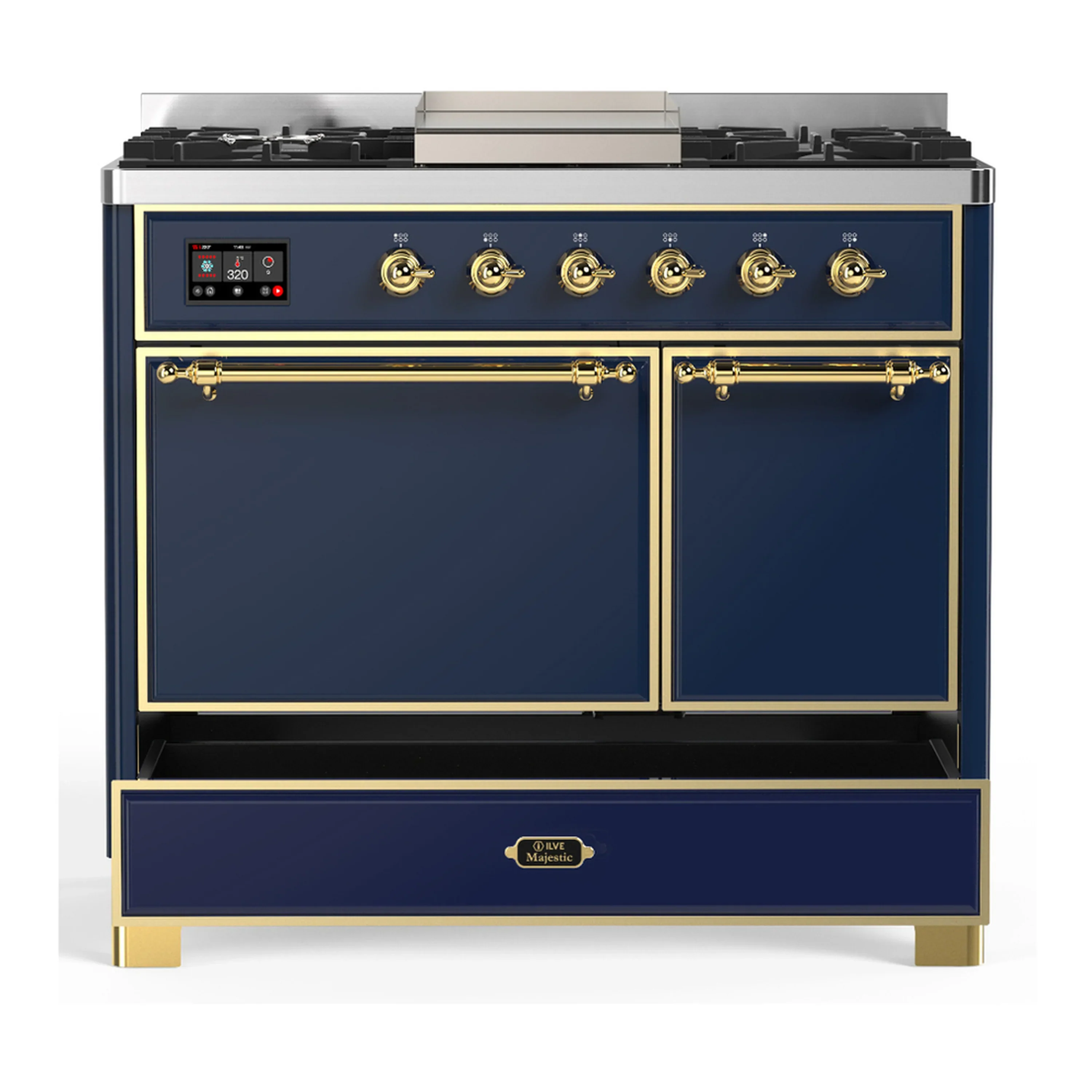 ILVE Majestic III 40-inch Dual Fuel Range with 6 Natural Gas Burner, Griddle and Solid Door Electric Oven in Blue Grey with Brass Trim (UMD40FQNR3MBG) - Image 3